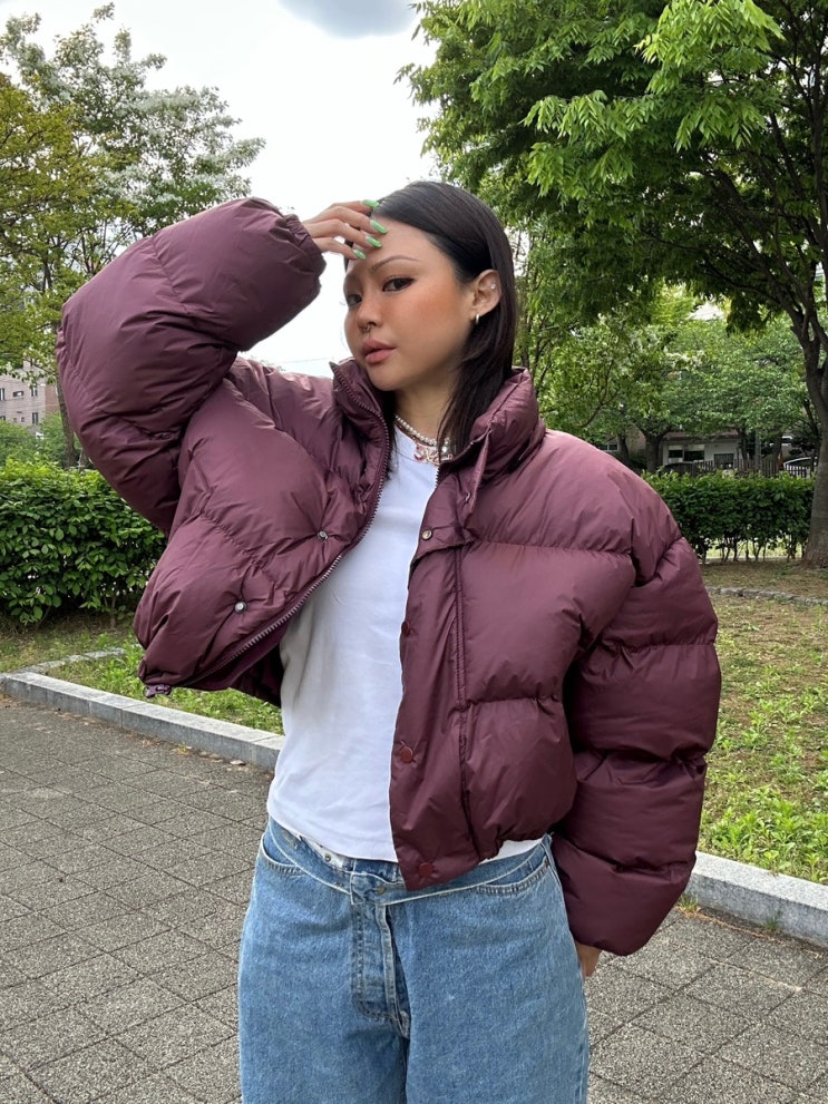 [오사와 OSAWA] 디키든 크롭 후드 패딩 | 숏패딩 데일리룩 버건디 코디 후기