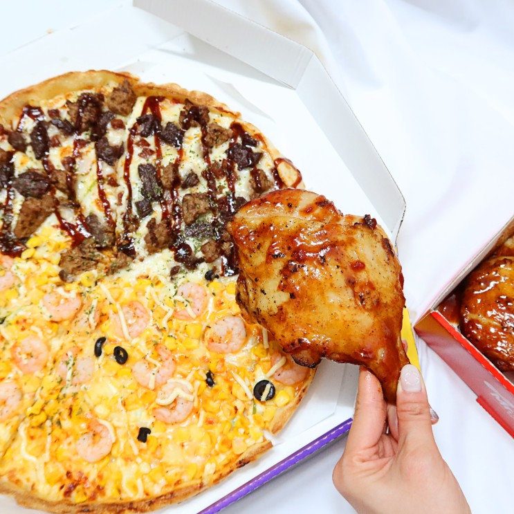 미스터피자 햄벅한새우피자+맵킹닭다리 겨울 신메뉴예요!