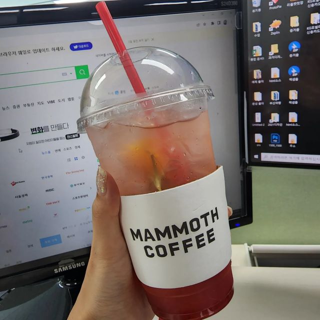 재테크하는 웹디자이너 on Instagram: "#광고 지만 내 최애카페 매머드🙃 회사출근해서 아침마다 내가 커피사러가는곳 제철과일을 활용한 여름신메뉴가 나왔다길래 신상 자두에이드음료를 먹