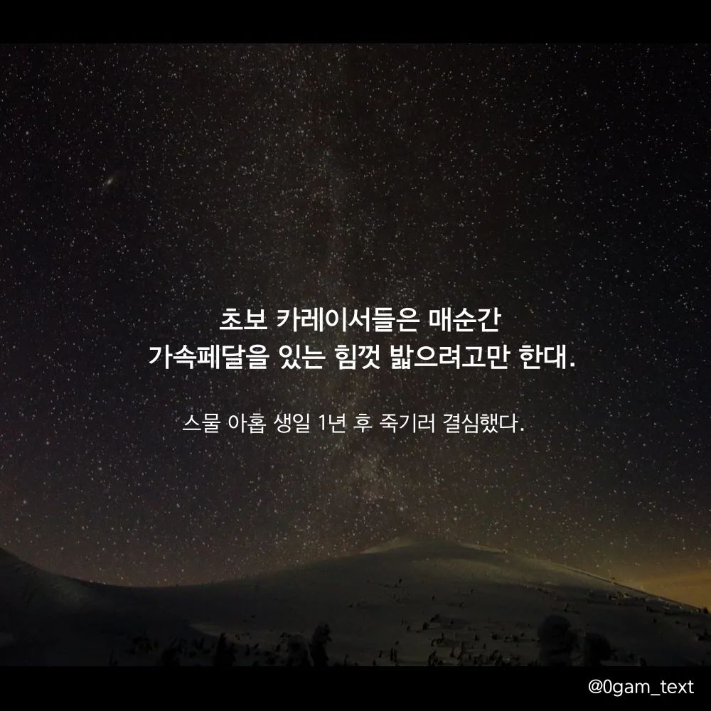 📚 스물 아홉 생일 1년 후 죽기러 결심했다.

초보 카레이서들은 매순간 가속페달을 있는 힘껏 밟으려고만 한대. 하지만 노련한 카레이서는 가속페달보다는 브레이크를 더 잘 쓴다는 거야. 지금 너한테 딱 필요한 말 같지 않아?

요새 바쁜 일정으로 게시물에 신경을 많이 못섰던 것 같아요 😭😭
저에게 필요한 말이기도 하고 바쁜 일상 속에 살고 계신 분들에게 위로가 되는 글일 거 같아서 올려봅니당~

앞으로 나아가는 것도 중요하지만 중간에 지칠 수 있기에 가끔은 주위와 뒤도 둘러볼 수 있는 여유도 필요한 거 같아요😊😊

#공감글귀 #글귀스타그램 #글귀사진 #글귀사진 #명언 #캘리그라피 #공감 #힐링 #명언스타그램 #책소개 #책추천 #책스타그램