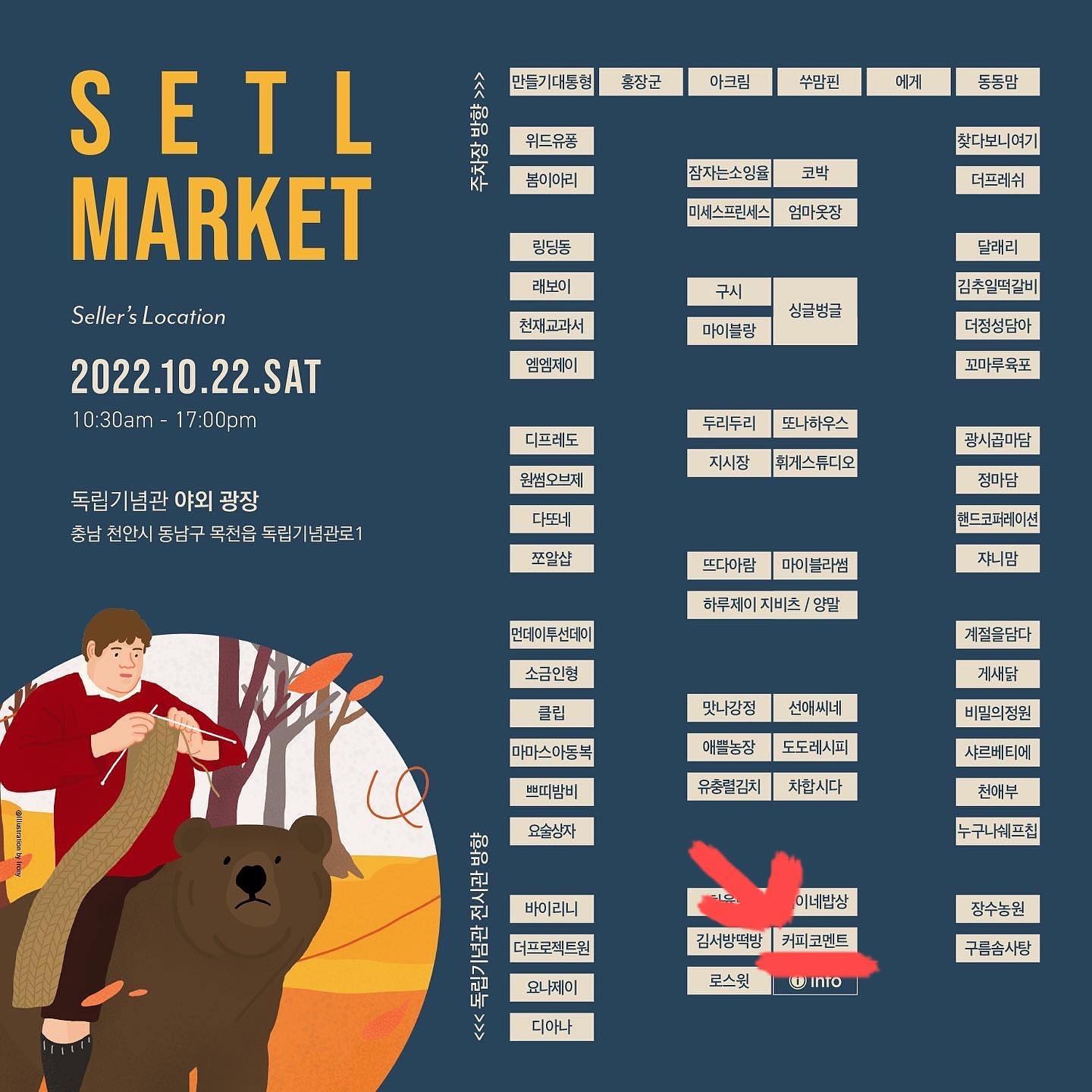 setl_market

-
2022.10.22(토)~10.23(일) 천안 "세틀마켓"

단풍나무가 무르익고 있는 10월,
천안 독립기념관 광장에서 마켓이 열립니다. 

✅원두커피 200g 현장판매
✅콜드브루 원액을 활용한 다양한 라떼 판매
✅얼그레이&피치 수제 아이스티 (ZERO SUGAR)
✅콜드브루 대용량 캔 커피 330ml 
✅콜드브루 콜드브루 원액 500ml
✅드립백 1BOX (10개입) 및 드립체어

✔빅!빅!빅! BIG SALE (현장 모든 상품 할인적용,제조음료 제외)
✔온라인보다 저렴하다 >_< 😁
-

[커피코멘트/coffee co_ment]
coffee_co_ment

커피의 본질을 담아,
커피 한 잔의 순간을 즐기도록, 
코멘트 하다,

커피를 만드는 커피코멘트입니다.

✔원두는 온라인주문으로 주문제작 판매중, 문의환영🙏🏻
✔커피농장도 운영하며, 커피나무 묘목도 판매중, 문의환영🙏🏻

세틀마켓이 천안 독립기념관 광장에서 열립니다👋🏻
소풍 오시듯 편하게 그리고 반갑게 만나요🎈👋🏻

🍁날짜 : 2022년 10월 22일(토)~23일(일)
🍁시간 : AM 10:30-PM 17:00
🍁장소 : 천안 독립기념관 야외광장
🍁주차 : 천안 독립기념관 주차장 이용