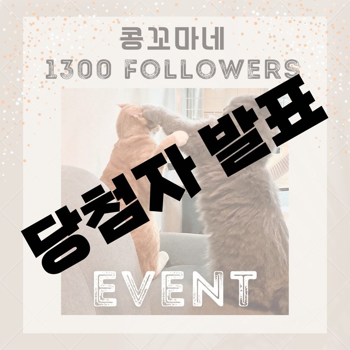 ♥️ 콩꼬마 EVENT 당첨자 발표 ♥️

첫 이벤트였는데 생각보다 정말 많은 집사님들께서 참여해주셔서
정말 감사하고 영광이었습니다 찌잉-🥹

당첨자는 콩꼬마가 직접 솜방망이로 뽑았구요
옆에 넘겨보시면 영상 확인하실 수 있어요 (⸝⸝ᵒ̴̶̷ ·̫ ᵒ̴̶̷⸝⸝) ♡ 

🙏🏻 축하드립니다 🙏🏻
whochu_sogeum 
theo_haaaaaa_ 
keemkancho 
_cute_leo_kang 
jennyandcherry 

앞으로 자주 자주 이벤트 열려고 하니까
지금처럼 저희 콩꼬마 한결같이 예뻐해주세요! ♥‿♥ 

참여해주신 모든 집사님들 정말정말 감사합니다♥️

😞 미당첨 후 언팔하시는 분들은,,, 울면서 일기장에 씁니다,,, 그리고 다음 이벤트 참여 제외할꼬에오,,,힝 😞

 ✨ 당첨자 분들은 DM 부탁드려요! ✨
