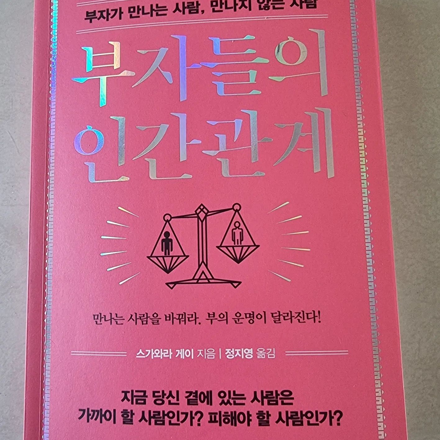 �
책 : 부자들의 인간관계
작가 : 스가와라 게이

�
★책 속 한줄

부자들은 대체로 사소한 일에 얽매이지 않는다. 남은 남이고, 나는 나라는 확고한 생각이 있으므로 기본적으로 인간관계에서 분쟁이 일어날 일이 없다.

직관적으로 '이 사람과 잘 맞을 것 같다'라고 느껴지는 사람을 알아차리는 감각을 갈고닦는 것은 인생의 열매를 맺게 하는 인간관계 형성에 있어 가장 중요하다고 할 수 있다.

인간관계는 서로를 비추는 거울과 같다.

인간관계의 진리는 단연코 '양'보다 '질'이다.

대화가 무르익고 웃음이 터지지 않더라도 그저 함께하는 것만으로 마음이 풀리고 안정되는 사이가 좋은 인간관계다.

인생의 새로운 문을 여는 것은 대부분 새로운 만남에서 온다는 것을 잊어서는 안 된다.

마음이 맞는다는 것은 마음과 마음이 자연스럽게 서로 공명하는 것을 말한다.

아무리 유능해도 밝지 않은 사람은 절대로 잘되지 않는다고 단언할 수 있다.

사람의 평가는 이런 사소한 일들이 쌓여서 정해진다.

듣는 능력이 뛰어난 사람은 비즈니스에 관한 대화 중에도 상대의 마음에 들어가 핵심을 빈틈없이 파악해 최상의 결과로 이끌고는 한다.

부자들은 예외 없이 물건을 정성껏 다루었고 성품이 자상했다.

칭찬은 상대방의 의욕을 끌어내고 매사에 적극적으로 행동하게 만드는 긍정적인 분위기를 만들어낸다.

신이 유일하게 누구에게나 평등하게 준 것은 바로 시간이다.

업무를 효율적으로 처리하는 유능한 사람은 일정을 빈틈없이 채우지 않는 게 좋음을 누구보다 잘 알고 있어서 절대 스케줄을 과중하게 짜지 않는다.

자투리 시간이라도 함부로 흘려보내지 않는 자세가 조금씩 쌓이면 큰 성공으로 이어짐을 명심하자.

늘 여유를 갖고 있는 사람과 함께 일하는 게 훨씬 마음이 편하다.

시간의 가치는 목숨처럼 귀중하고 더할 나위 없이 소중하다.

좋은 인간관계를 쌓고 싶다면 거절하는 용기도 중요함을 알아야 한다.

말하기 어려운 점을 짚어주는 친구만큼 고마운 존재는 없다. 그러니 혹독한 말도 확실히 받아들이자.

어린 시절의 자제력이 어른이 될 때까지 이어져 사회적 성공으로 연결된다는 것이 증명되었다고 할 수 있다.

진정한 윈윈 관계는 순수한 호의에서 생겨난다는 것을 알고 있기 때문이다.

서로 주고받는 친구가 있으면 새로운 정보를 얻을 수 있는 통로가 두 배가 되어 즐길 거리, 가치 있는 정보 등이 배로 증가한다.

자신보다 남을 먼저 생각하고 나누려는 마음을 가진 태도는 반드시 어떤 모양으로든 자신에게 좋은 일들로 돌아올 것이라고 생각하기 때문이다.

같은 돈이라도 누군가로부터 받은 것과 스스로 땀흘려 벌어들인 것은 만족감이 크게 다르다.

진정한 풍요로움은 돈으로만 얻을 수 있는 것이 아니다. 이것을 깨달으면 쥐고 있는 돈의 가치가 달라진다.

자기 긍정감이야말로 행복하게 살아가도록 도와주는 가장 중요한 열쇠다.

부자들은 다른 사람으로부터 인정을 받고 감사하다는 말을 들으려고 애쓰지 않는다. 오히려 다른 사람의 기쁨을 자신의 기쁨이라고 생각한다.

돈에 대해 이야기하는 것을 품위 없는 태도라고 생각한다면 절대로 부자가 될 수 없다고 단언할 수 있다.

언제나 적당한 거리감을 두며 건강한 관계를 유지하는 것을 볼 수 있었다.

부자들은 누구에게도 의지하지 않으면서 자신을 돌볼 줄 아는 사람들이다.

거짓말은 그때까지 쌓아 온 신용을 단숨에 무너트리는 위기 상황을 불러올 수 있음은 명심해야 한다.

아무리 돈이 많아도 손에 넣을 수 없는 것들이 있다. 그중 가장 중요한 것은 바로 건강이다 .

일을 마치고 완전히 녹초가 되어 집에 돌아왔을 때 맞이해주는 가족의 미소는 억만금을 주어도 절대 살 수 없는 인생의 보물이다.

혼자만의 시간을 갖고 자신을 조용히 들여다보는 시간을 소중히 하자.

#책리뷰 #책그램 #인간관계 #좋은책 #책소개 #부자
------------------------------------------------♡-------------
☆​네이버블로그 :  https://blog.naver.com/gogosing429
< 자세한 책소개는 제 블로그에 있습니다 >