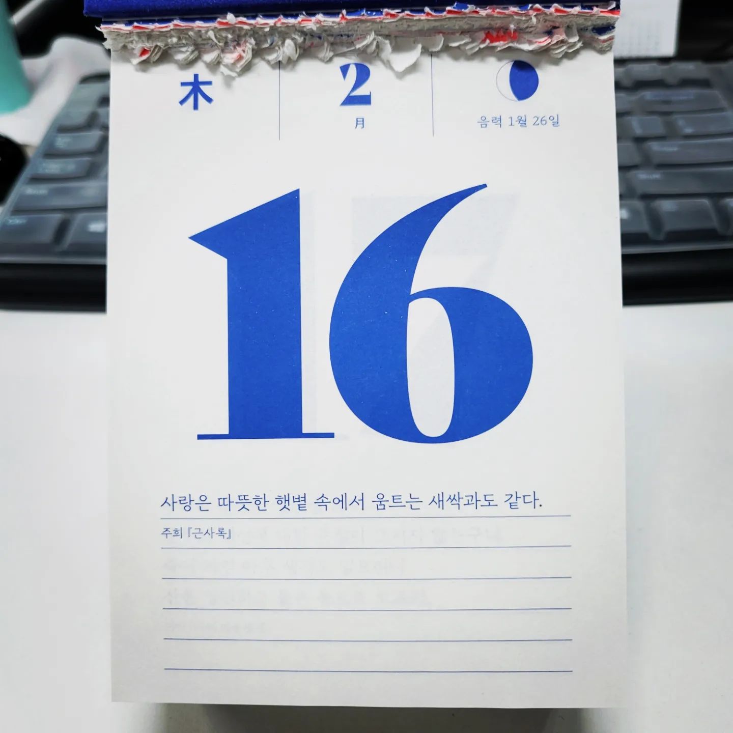 1월 18일
사람의 탄생은 슬픔의 탄생이다.
人間の誕生は悲しみの誕生である。

2월 16일
사랑은 따뜻한 햇살 속에서 움트는 새싹과도 같다.
愛は暖かい日向の中で芽生える芽のよう。

#번역연습 #민음사인생일력