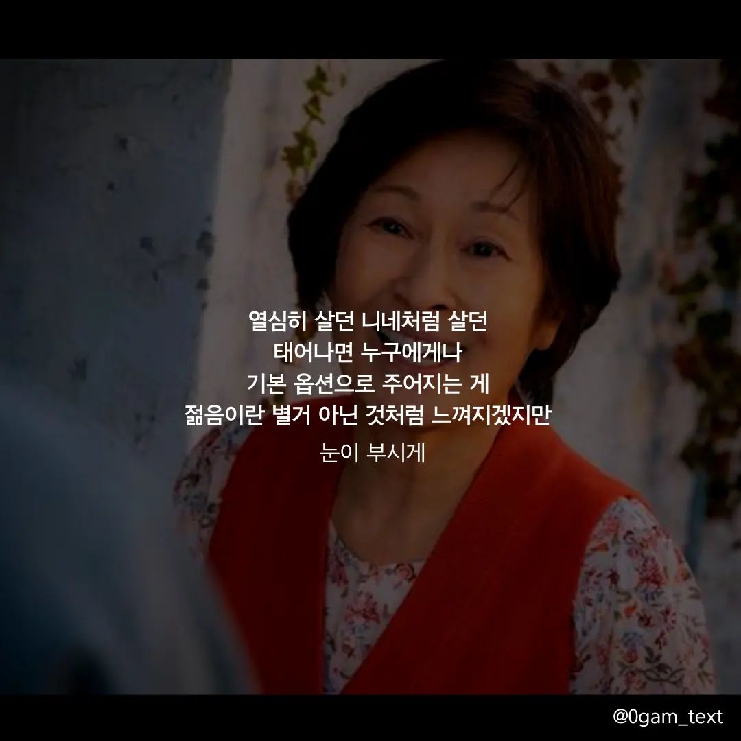 눈이 부시게 🧡🎬

젊음은 지금은 대단한 건지 모르지만
시간이 지나야지만 엄청난 건지
깨닫게 되는 거 같아요
글귀를 보고 더 열심히 살아야 겠다는
생각이 들어요🔥🔥

열심히 살던 니네처럼 살던
태어나면 누구에게나
기본 옵션으로 주어지는 게
젊음이란 별거 아닌 것처럼 느껴지겠지만
날 보면 알잖아
니들이 가진 게 얼마나 대단한 건지
당연한 것들이 얼마나 엄청난 건지

#눈이부시게 #동기부여글귀 #공감글귀 #드라마추천