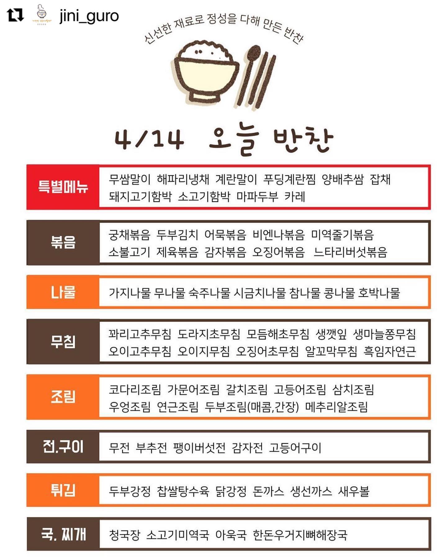 .
#Repost jini_guro with use.repost
・・・
.
👨🏻‍🍳23.04.14(금) 오늘 반찬 소개합니다~

#잡채 #양배추쌈 #푸딩계란찜 #무쌈말이 #쌈무말이 #오이소박이 #무전 #카레 #고추장멸치볶음 

불맛나는 중화식잡채는 밥대용으로도 훌륭합니다😋

외에도 다양한 반찬 준비되어 있습니다🥙🥗🧆🥘

오늘 반찬 뭐먹지? 고민하지 마시고 매장으로 구경오세요🏃🏻‍♀️🏃🏻‍♂️

⬆️프로필사진클릭
☎️배달 및 예약 문의 02-835-0105

#오늘반찬뭐먹지 #오늘뭐먹지 #오늘반찬고민해결
#진이찬방구로디지털역점 #엄마반찬 #집밥감성 #반찬맛집 #즉석반찬전문점 #즉석반찬맛집 #구로디지털역반찬가게 #신대방반찬가게 #인기반찬 #특별반찬 #밥도둑 #엄마손맛