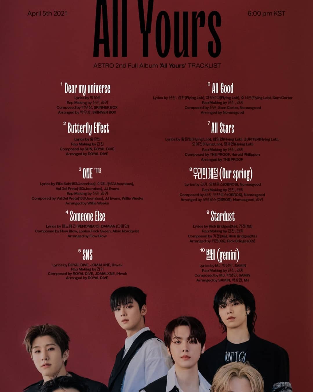 ASTRO 2ND FULL ALBUM 'All Yours'
2021. 04. 05 18:00 (KST)

멋진 형제님들과 작업했습니다.
많은 사랑부탁드립니다. 
다들 너무 잘생기고 노래도 너무 잘해주셔서 좋은시간이였습니다.
차은우 멋쟁이 존잘남

#ASTRO #All_Yours