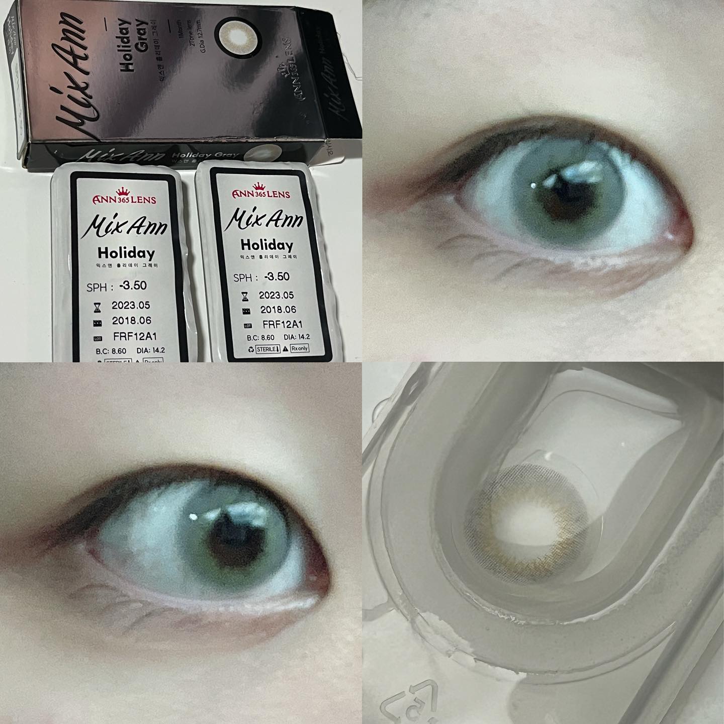 #솔직리뷰 #렌즈
ann365lens 

믹스앤 홀리데이 그레이/스카이 
10000w (1+1)
착용감: 나쁨
B.C:8.6mm
소재: 일반

퍼니앤 시리즈 끼고 꽤 제품력 좋아서 이 두 제품도 기대하고 샀었는데..🤣 착용감이 진짜…해도해도 너무 안좋았던 두 제품..
끼자마자 5분만에 눈이 뻑뻑해져서 건조하다 못해 아팠던ㅠㅠ😅
오렌즈 러시안 벨벳이랑 그래픽은 비슷한거 같아서 나중에 오렌즈것도 사서 비교해보려고 합니당😙

#그레이렌즈 #혼혈렌즈 #앤365 #믹스앤홀리데이 #믹스앤홀리데이그레이 #믹스앤홀리데이_스카이  #블루렌즈 #직경작은렌즈