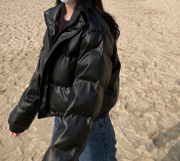 가죽패딩 후기, 콜릿 WOMEN 덕다운 크롭 오버핏 레더 패딩