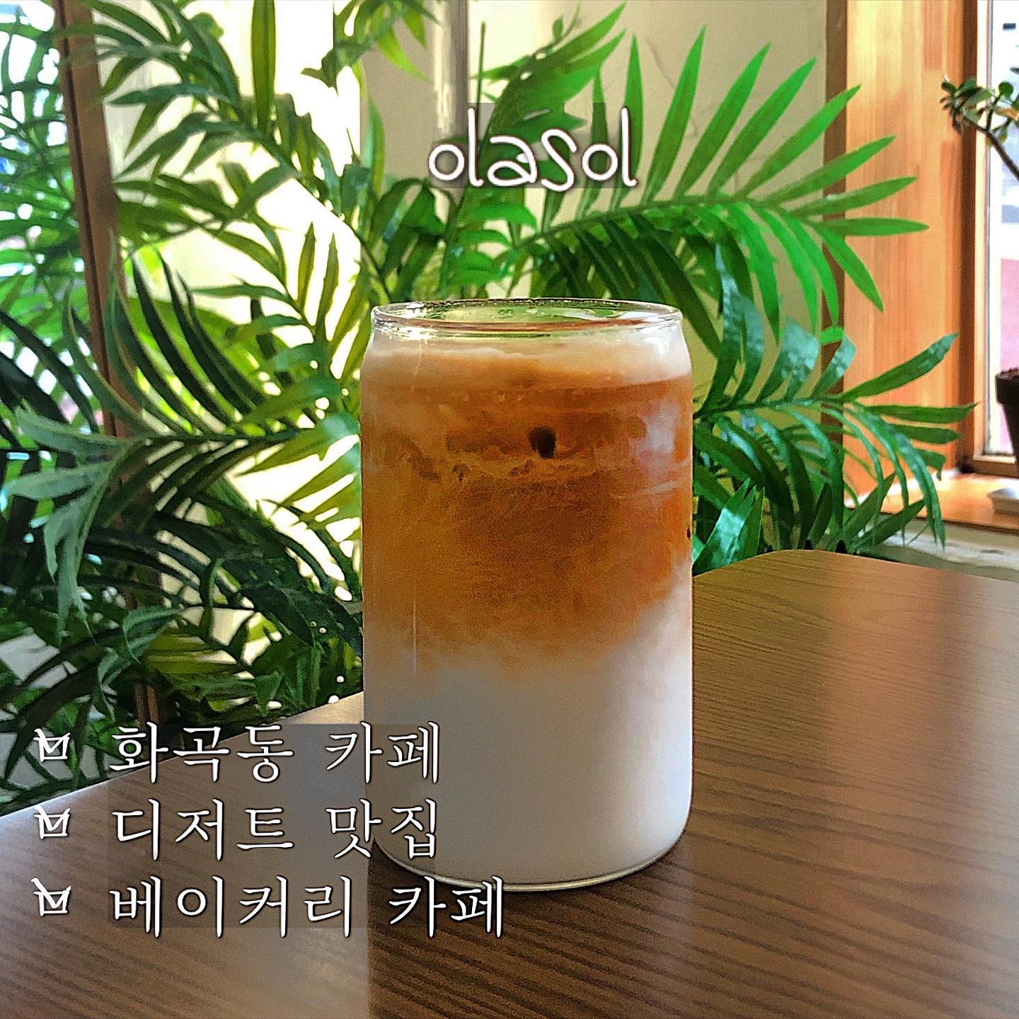 b_olasol #화곡또갈집 #까치산역또갈집

☂️비오는 날 즐기는 브런치

_카카오 평점 : 5 / 5 (6명)
_네이버 평점 : 없음
_개인 평점 : 4 / 5

동네카페 도장깨기 중인 또갈집.
베이커리 카페로 나름 후기가 좋은 #올라솔카페 에 다녀왔습니다.

시그니처 메뉴 ‘올라솔라떼’ (4.0)을 주문했는데 시그니처라고 하기에는 생각보다 평범한 라떼더라구요🤔

오히려 ‘밀크티 + 딸기청이’이 들어간 신메뉴 훨씬 맛있더라구요!
🌸 딸기라떼에 은은한 차향이 묻어나는게 은근한 매력이 있었습니다.

빵 종류가 다양하지는 않았어요.
추천메뉴 올라솔 클래식 샌드위치(5,5)는 주문 즉시 만들어 주시더라구요. 브런치 메뉴로 든든했습니다!

오늘도 평화로운 동네카페투어🌿