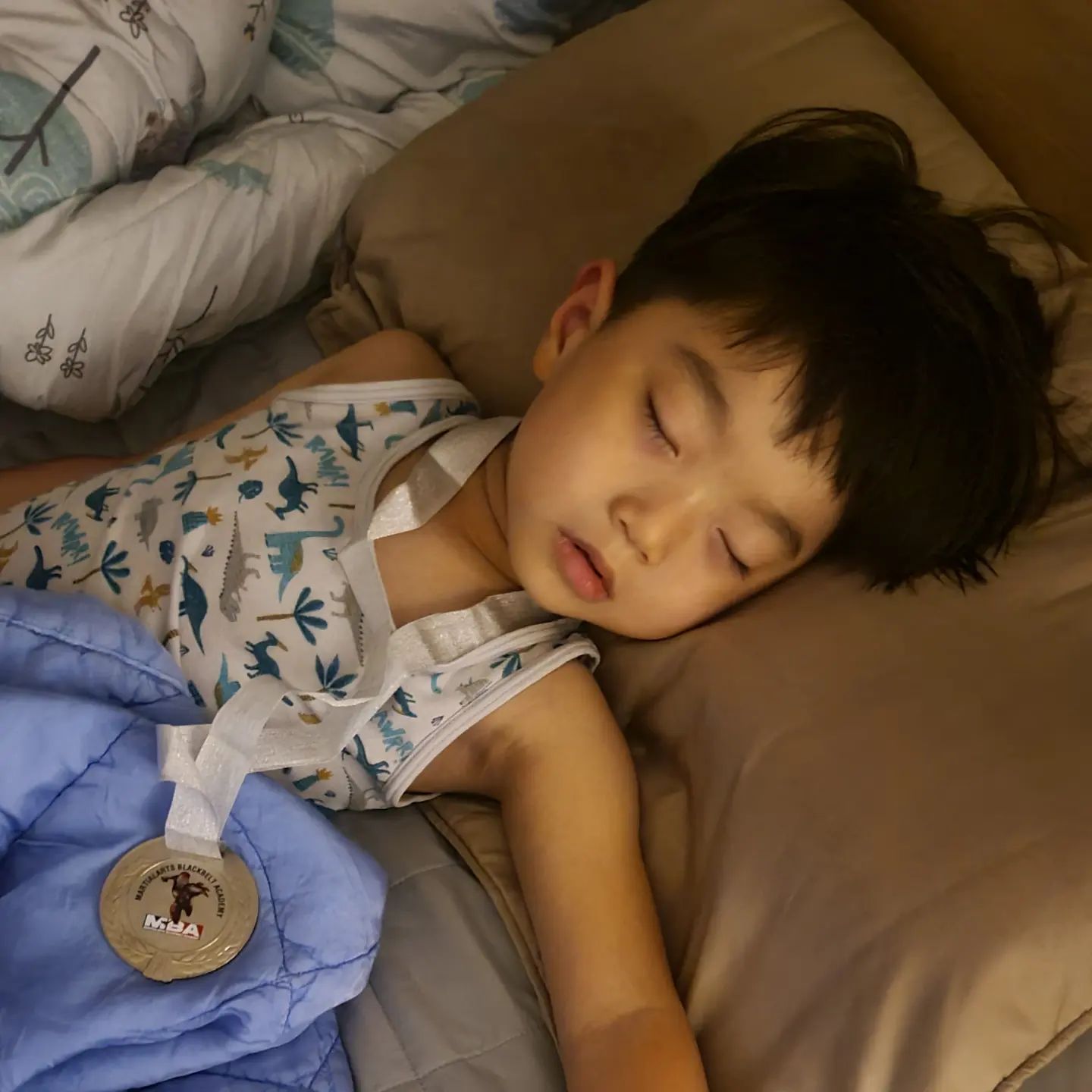 두달 다닌 태권도 오늘 승급시험에서
통과 했는지 받아온 메달🏅
목에 걸고 잠 ㅋㅋㅋㅋㅋㅋ
순수하니 귀엽🤣  #태권소년 #7살