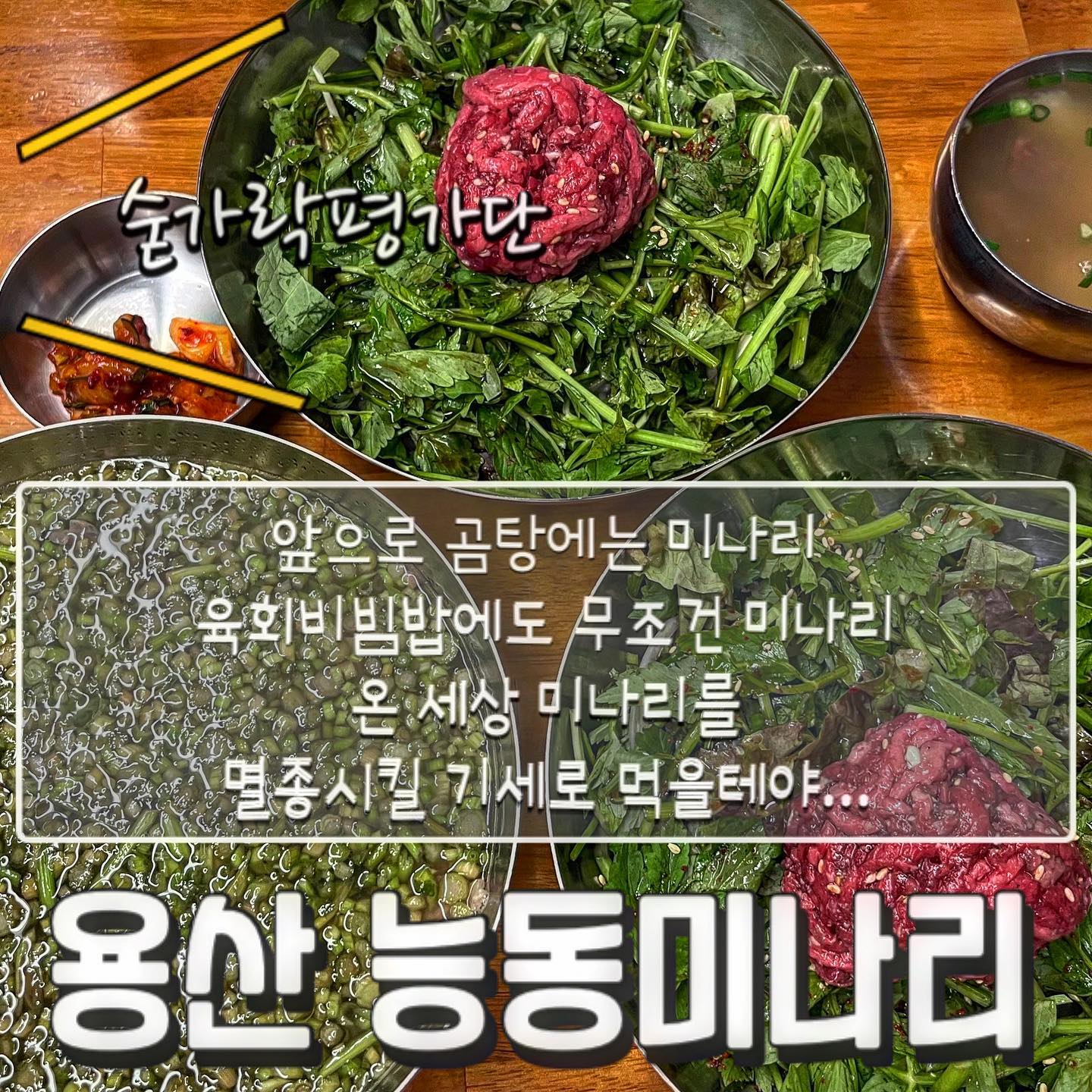🌱능동미나리🌱

오늘의 숟가락은❓🥁🥁🥁
🥄🥄🥄🥄🥄
-능동육회비빔밥
-능동미나리곰탕

미나리를 안좋아하시는 분들도 먹고 반할 수 있는 집이에요🫣
육회비빔밥은 간장베이스인데 그게 바로 한 수👊
곰탕에 미나리?? 육회 비빔밥은 미나리가 너무 과하지 않나? 
싶었는데 그냥 제 걱정이 과한거였더라구요..😶
심지어 섞박지까지 완벽⭐️
모든 연령층이 즐길 수 있는 집 입니다🤗

✔️숟가락의 추천메뉴
 -능동육회비빔밥
 -능동미나리곰탕
 
재방문의사 1️⃣0️⃣0️⃣프로!!