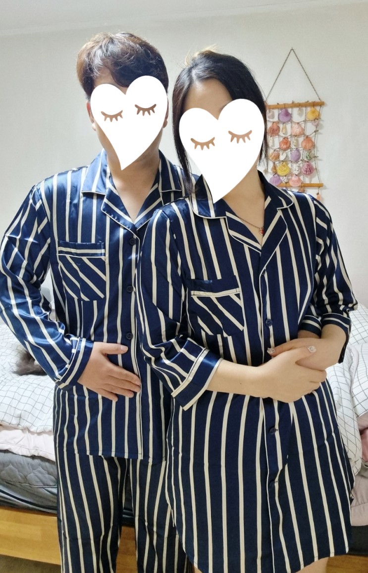 [커플신혼부부잠옷추천] 실크잠옷으로 디귿살롱 블루줄무늬원피스잠옷 딱이야