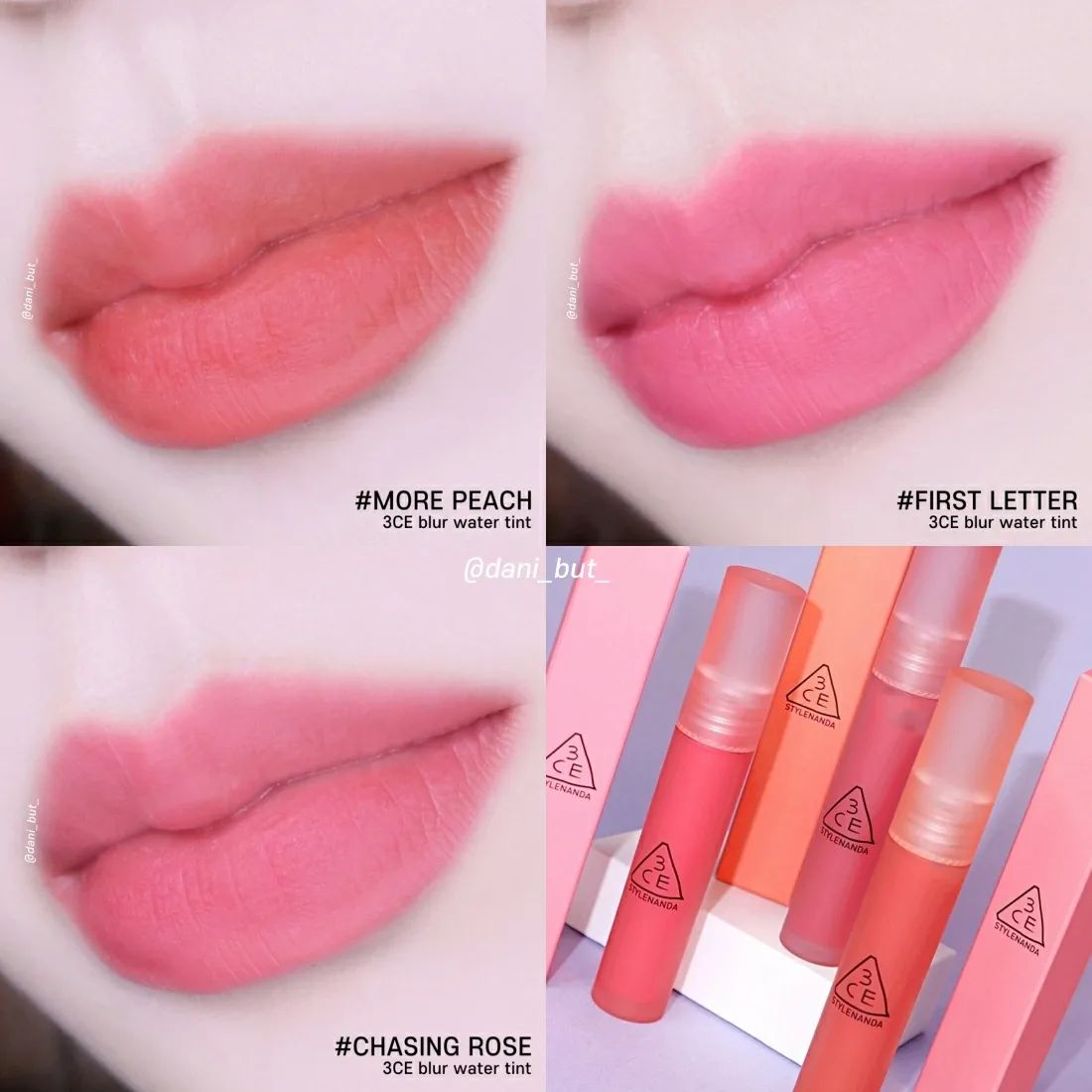 #광고 여도 놓칠수 없는 신상💓 
#올영추천템 BLUR WATER TINT
3ce_official
⠀
#올리브영틴트 #3CE 블러 워터 틴트는
워터리한 첫 터치감이 입술에 스미듯 
블러한 마무리로 묻어남이 적은 #블러워터틴트 에요!
​⠀
⠀
수분을 머금은 촉촉한 워터 겔 솔루션이 
입술에 가볍게 스며들면서 밀착되고, 
스머징하면 라이트 블러 피니쉬가 보정한 듯 
보송하고 보들보들하게 마무리돼요!
​어느정도의 착색도 있어요👌👌
⠀
매트립은 무겁고 답답하다 느끼는 분들이라도,
요건 매끄러운 마무리에 가볍게 스며드는 느낌이라
답답하지 않게 사용할 수 있어요-
⠀
​⠀
💓MORE PEACH 
싱그럽고 활기찬 순간의 맑은 코랄 오렌지
💓FIRST LETTER 
생동감 넘치는 에너제틱한 퓨어 핑크
💓CHASING ROSE 
생기를 얹어 베이스부터 깔끔한 로즈 베이지
​⠀
전체적으로 너무 진하지 않은 은은한 컬러톤으로
부드러운 제형이랑 잘 어울리는 컬러들이에요
역시 #쓰리씨이 컬러 너무 잘 뽑아요ㅜㅜ😍
⠀
⠀
한 번에 너무 여러번 과한 양을 바른다거나 
계속해서 진하게 덧발라 두껍게 쌓기보다는,
욕심내지 않고 딱 적당량을 발랐을 때의 
컬러와 마무리감이 가장 best였어요!
⠀
무더운 여름에도 답답하지 않은 블러워터틴트!
올리브영 온/오프라인에서도 만나볼 수 있습니다 :D
​⠀
​⠀
#워터틴트 #blurwatertint #신상컬러 #립발색 #틴트추천 #올영틴트 #올영틴트추천