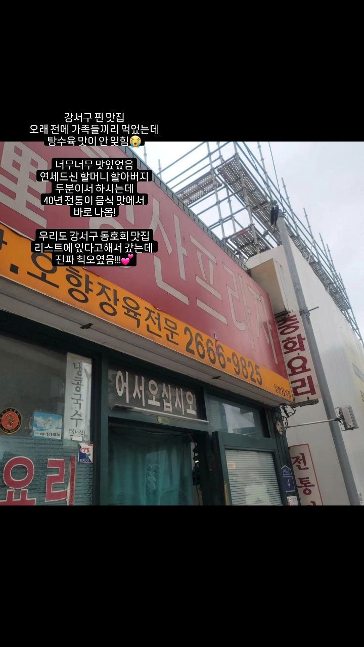 강서구 찐 맛집
오래 전에 가족들끼리 먹었는데
탕수육 맛이 안 잊힘😭

너무너무 맛있었음
연세드신 할머니 할아버지
두분이서 하시는데
40년 전통이 음식 맛에서
바로 나옴!

우리도 강서구 맛집리스트 보고 갔는데 진짜 쵝오였음!!!

강서구민 30년인데 왜 이제 알았응까ㅠㅠ?