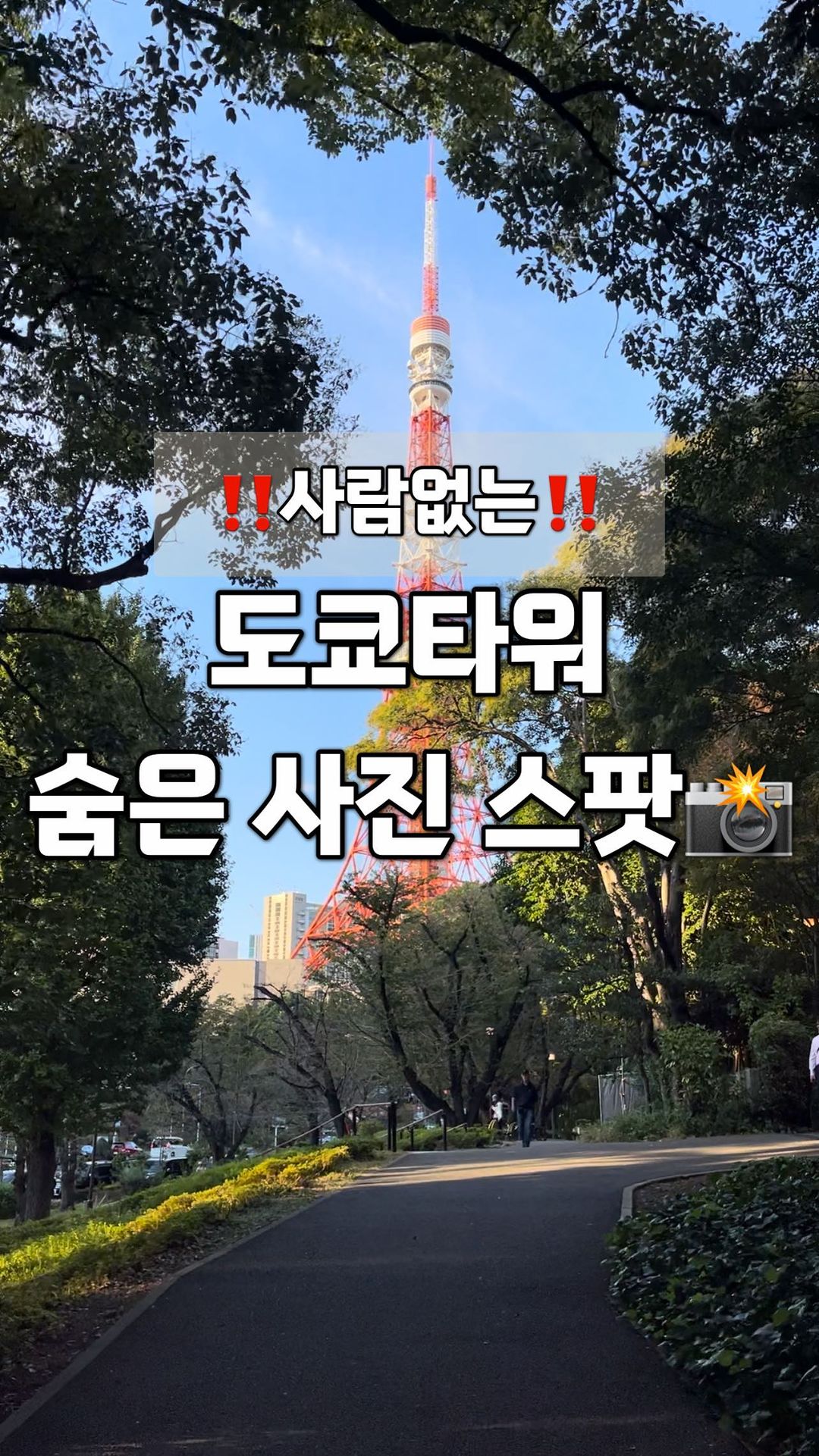 ‼️사람없는‼️도쿄타워 포토존🗼

도쿄의 시그니처 도쿄 타워는 시바공원 소에서 봐야 전체를 다 볼 수 있어요!

영상에 나온 곳 찾아가는 법⬇️
1. 시바코엔 역에서 내려 A4 출구로 나오기
2. 더 프린스 타워 도쿄 쪽으로 걸어가기
<더 프린스 파크타워 도쿄>를 바로 오른쪽에 두고 나무 사이길로 들어서
면-!!

나무에 가려져 안보이던 도쿄타워가 짠-하고 보여요🗼

그 길을 쭉 따라 올라가다보면 넓게 펼쳐진 시바 공원에 도착!!
아직 알려지지 않은 도쿄타워 사진 스팟📸 저장해두고 방문해보세요