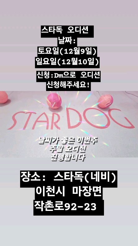 날씨가 따뜻한 이번주 주말 
오디션 진행하게 되었습니다!

기존에 보신분들도 업그레이드 된 부분이 있으시면 보여주세요!

오디션은 자주 보셔야
실력 향상 시킬 수 있답니다!

펫미스코리아 댕댕이들도
연기력 더 보여주세요^^

날짜: 토요일,일요일 
시간: 11시부터 진행
 (겹치지 않게 시간 정해드립니다)
장소: 스타독(네비) 
  이천시 마장면 작촌로92-23 
신청: DM으로 주세요