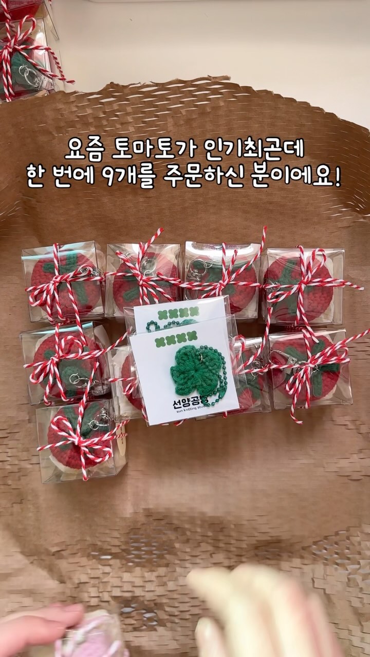 토마토를 한번에 9개 주문하신 고객님🫶🍅
지인분들에게 선물로 드린거겠죠?!
꼭 마음에 드셨길 바라요❤️

#선양공방 #포장브이로그 #뜨개키링 #키링맛집 #토마토키링 #딸기키링 #코바늘키링 #핸드메이드키링