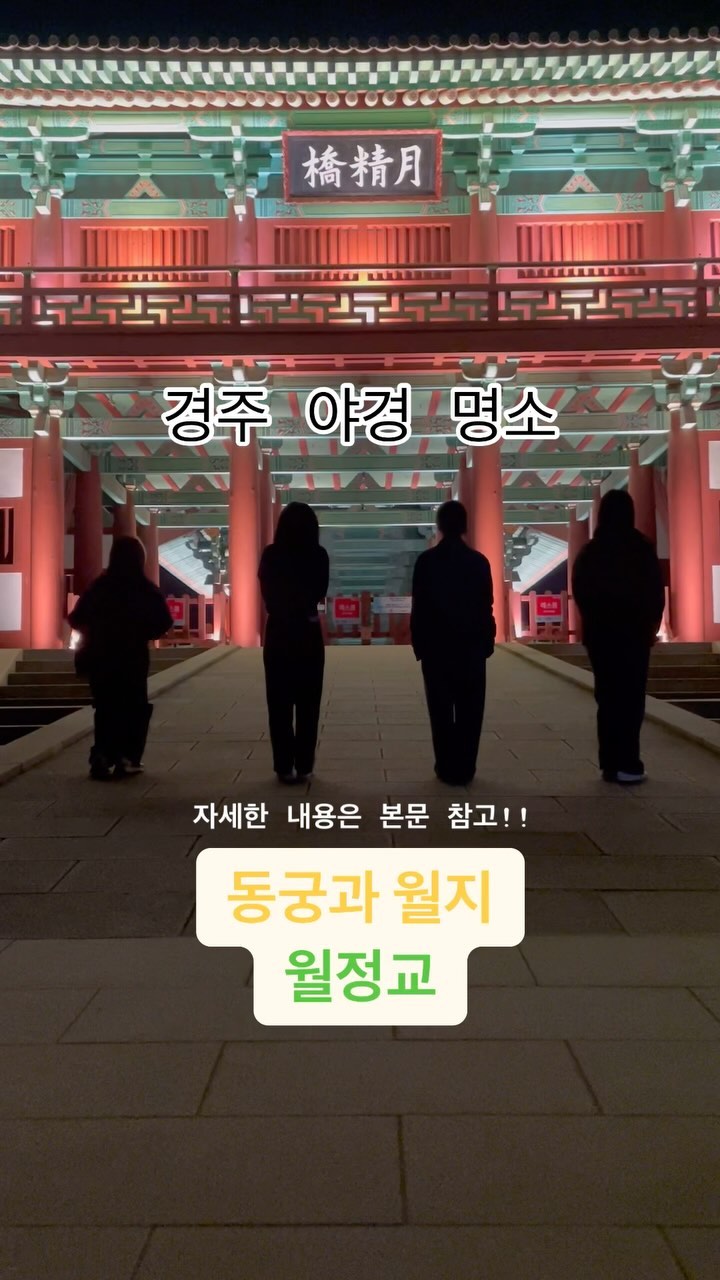 경주 방문하면 가게되는 야경!!

🚕저희는 이번에 뚜벅이 여행으로 경주를 방문 했어요!

많은 야경지가 있지만 시간 관계상
방문 한곳은 동궁과 월지, 월정교 
이렇게 2군대를 방문 했어요

저희는 택시를 타고 입장 했어요

동궁과 월지
🎟️입장권 - 3, -
⏰운영시간 - 09:00 ~ 22:00 (입장마감 21:30)

월정교
🎟️입장권 - 무료
⏰운영시간 - 09:00 ~ 22:00
(2월 방문당시 조명 23:00까지 켜짐, 입장은 불가)
✅월정교 Tip. 야경과 노을이 예쁜 다리
낮에는 징검다리에서 사진 찍으면 예뻐요 ㅎㅎ

L - 월정교
O - 동궁과 월지
V - 월정교 1 ~ 4, 동궁과 월지 5, 6
E - 월정교  #동궁과월지 #월정교 #경주야경 #경주야경 #경주가볼만한곳