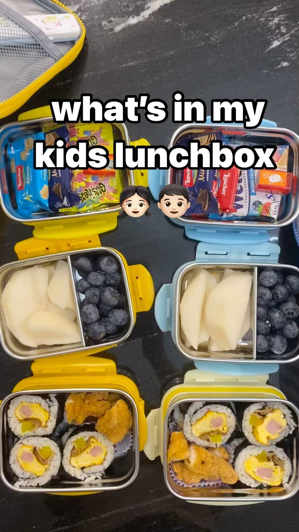 #whatisinmylunchbox #👧🏻👦🏻
_

한국에선 삼시세끼 엄마밥먹던 내가 
멕시코에선 도시락에 야식까지 만든다고!?

멕시코의 학교로 입학을 준비하며 
다른분들이 제일 힘들다고 했던 부분이 바로 도시락!
대부분의 멕시칸 친구들은 간단한 빵이나 과자류를 싸와서
하교 후 점심겸 저녁을 거하게 먹는다던데
한국인은 밥심이라 점심으로 밀가루먹는꼴 못보그든여

김이나 김치, 참기름등 한식 특유의 냄새를
싫어하고 놀리는 친구들도 있다그래서 걱정했지만 
우리 예니동이반 친구들은 그런친구들 하나도 없이
옌동이가 싸오는 음식들을 좋아해서 나눠먹기도하고
김밥이나 떡볶이를 요구하기도 하더라구여 💗 

그리고 도시락을 3가지 준비하는이유는,
9시반 / 11시반 30분씩 식사시간이 두번이래요 😦
첫번째 시간에 밥을 먹고 두번째 시간에는 뛰어논다던데
뱃골 큰 우리 아이들은 두번 다 뭘 먹어야한다고… 
양 줄이지말아달라 하더라구오요 ㅋㅋㅋㅋㅋ 

중복안되는 메뉴로 만들어 주고싶은디 도시락 메뉴를 모르겟다리
암튼 모쪼록… 잘먹고 쑥쑥 크자잉!! 

In Korea, I used to eat my mom’s food three times a day.
In Mexico, I even make packed lunches and late-night snacks!?

Preparing to enter school in #Mexico
The part that others said was the most difficult was the #lunchbox (Because #Korean schools provide meals.)
Most #Mexican friends bring simple snacks and they eat a big lunch and dinner after school.
Koreans have a passion for food, so it‘s hard to see them eating light for lunch.

The unique smell of Korean food such as seaweed, kimchi, and sesame oil.. so I was worried because some people disliked that.
My kids class mates don’t have any of those friends.
They interesting about korean food and they want share to it!  They even asked for kimbap or tteokbokki 💗

And the reason for preparing 3 lunch boxes is:
There are two meal times of 30 minutes each, at 9:30 / 11:30 😦
I heard they eat in the first period and run around in the second period.
Our kids with big stomachs have to eat something every time... They asked me not to reduce the amount haha.

I want to make a menu that doesn’t overlap, but I don‘t know the lunch box menu.
Anyway, hopefully… Eat well and grow up!!