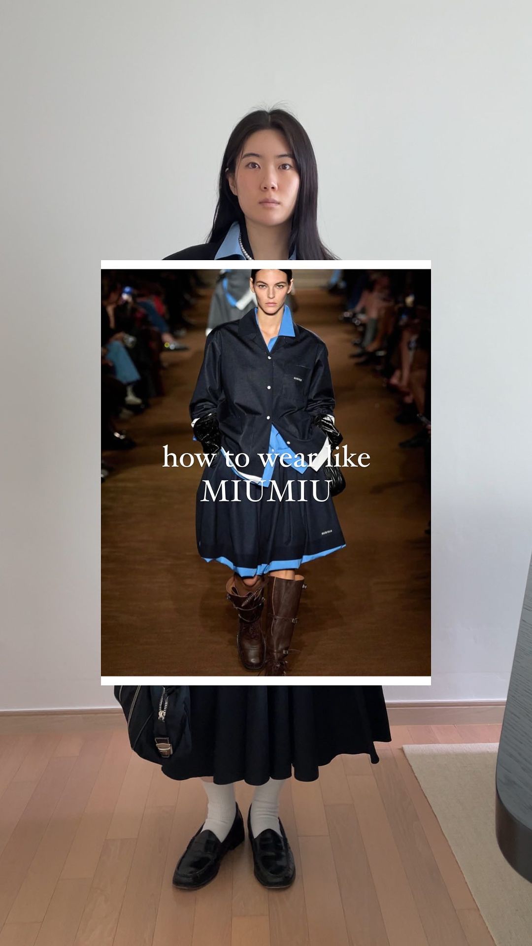MIUMIU 24FW 컬렉션, 집에 있는 옷으로 얼추 따라입기💙

이 컬렉션에서는 블루/네이비/블랙을 많이 썼더라구요
포인트는 블루와 진주로! 뮤뮤는 하나도 업둠..

보통 셔츠를 이너로 레이어링을 많이 하는데 이번엔 집업니트를 안에 입어봤어요
쨍한 하늘섹 셔츠 깃 한쪽 빼주고 진주 목걸이 걸어주고 저는 부츠 대신 지금 신기 좋게 로퍼로 신어봤어요👞

Jacket : @recto_official 
Shirt : @thebarnnet 
Zip-up : @amomento.co 
Skirt : @orr_official 
Shoes : @ghbass 
Bag : @prada