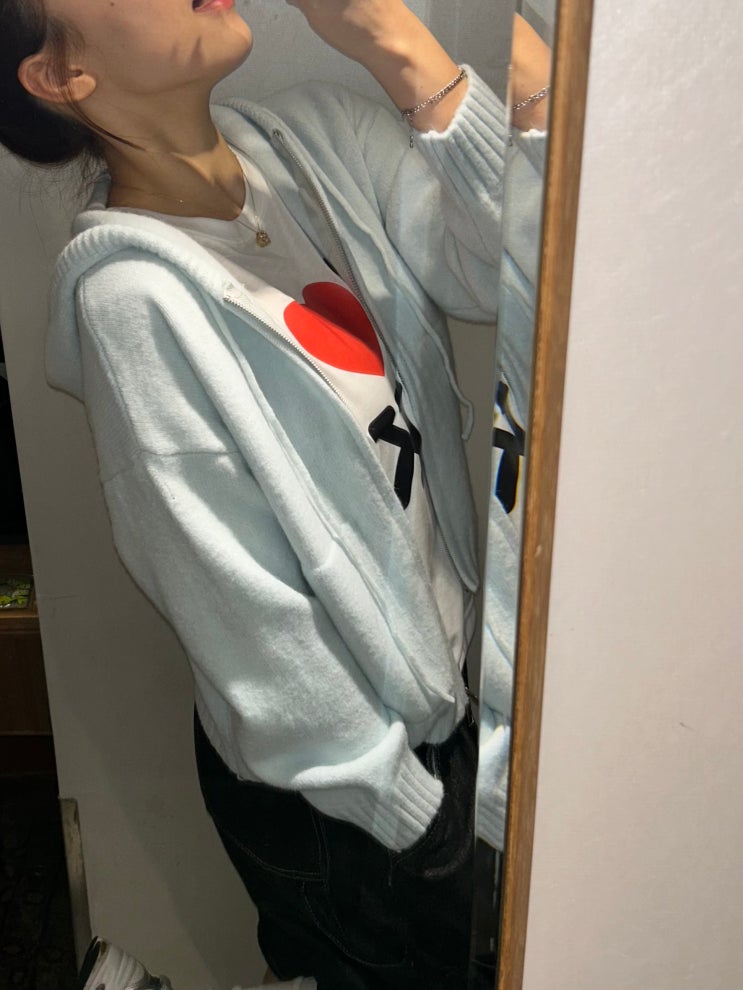 홍콩 디즈니랜드 코디 추천🩵 오사와 포리 베이직 니트 후드 집업 스카이블루 후기
