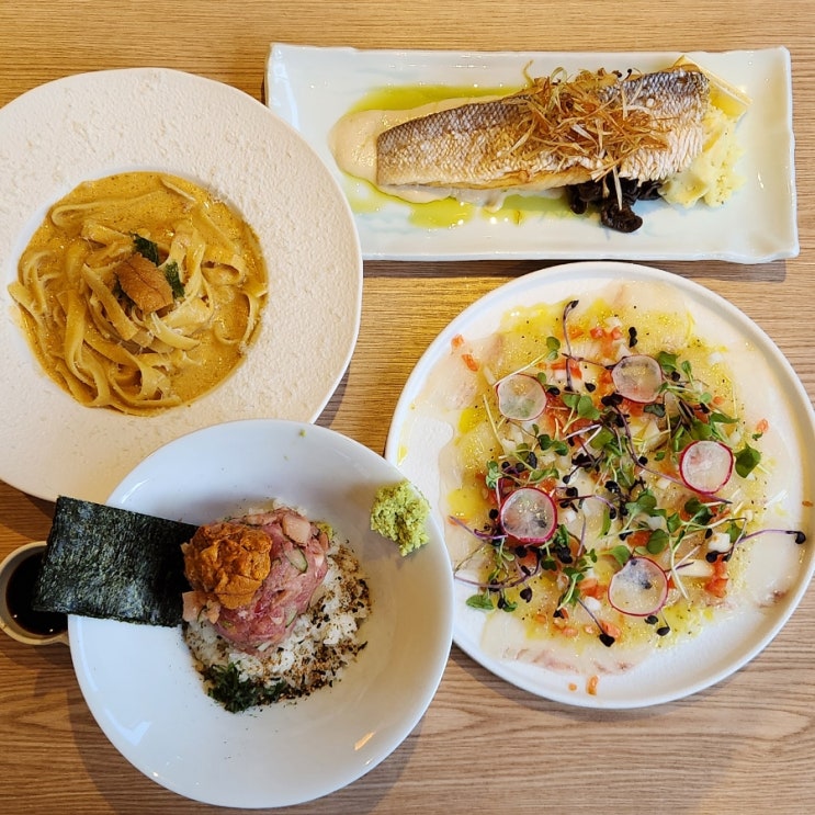 압구정로데오 맛집 [미루도산] 우니크림파스타, 광어세비체, 옥돔튀김, 성게알미루동 후기