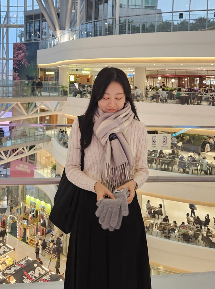 겨울 선물 얼모스트블루 체크 목도리 머플러, 핑거홀 터치 장갑