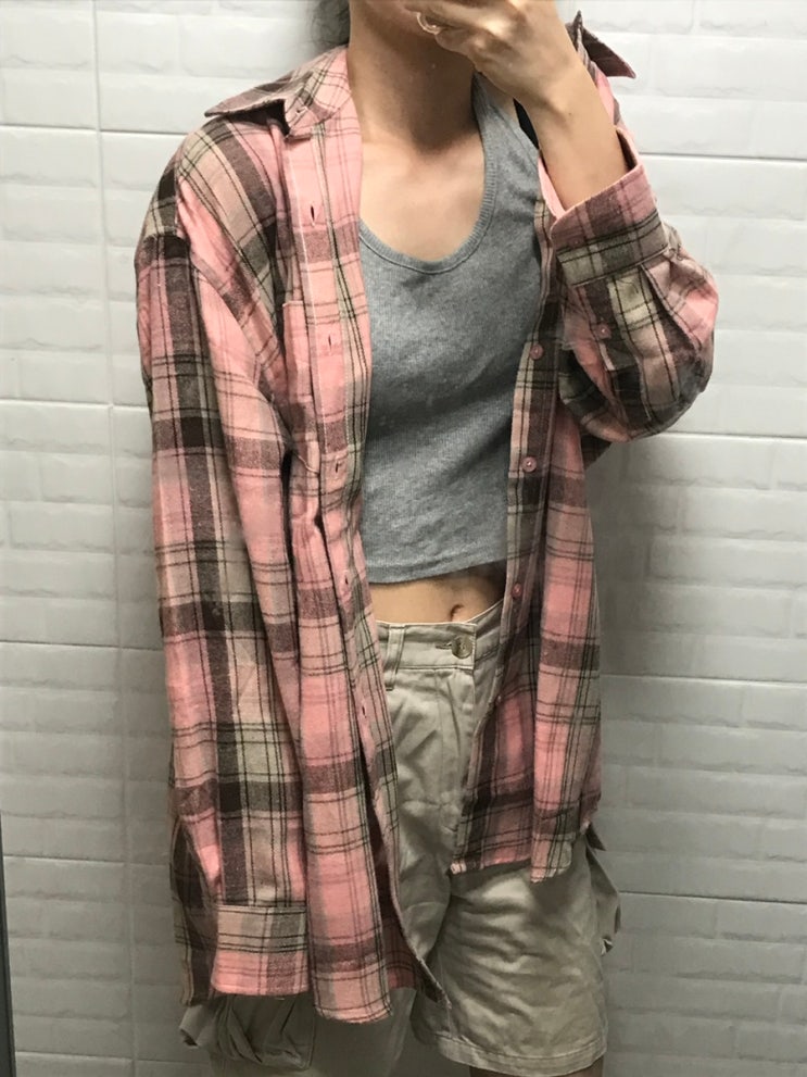스탠다드에러 빈티지 플레이드 오버핏셔츠 핑크 체크남방 M 후기