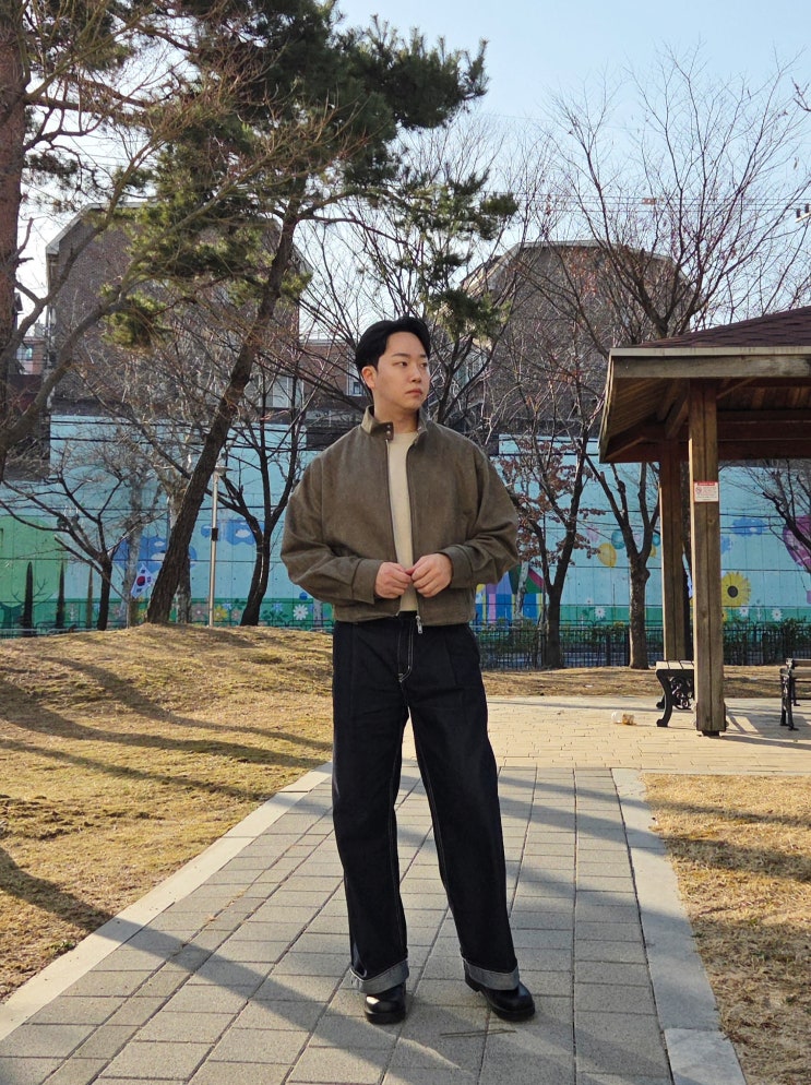 봄, 가을, 간절기 남자 코디 완성! [아이러니포르노화이트라인] 레이싱 바이커 스웨이드 자켓' 카키 착용 후기