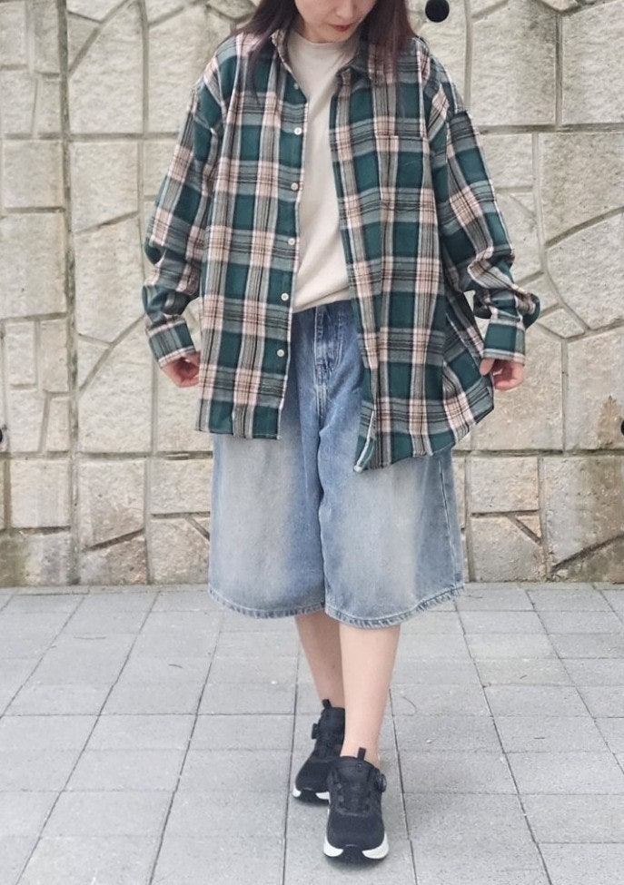 87-STAN074 빈티지 팜트리 오버핏 남여공용 긴팔 체크 셔츠 그린 1+1 패키지