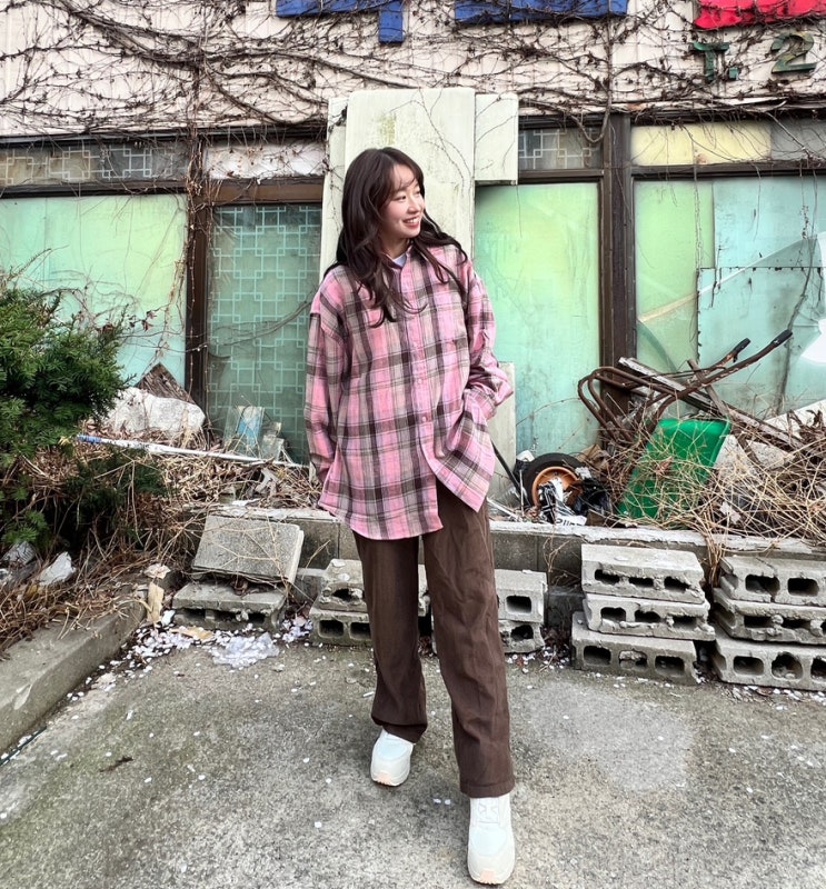 스탠다드에러 87-STAN082 빈티지 플레이드 오버핏 포켓 긴팔 체크 셔츠 핑크 브라운의 계절