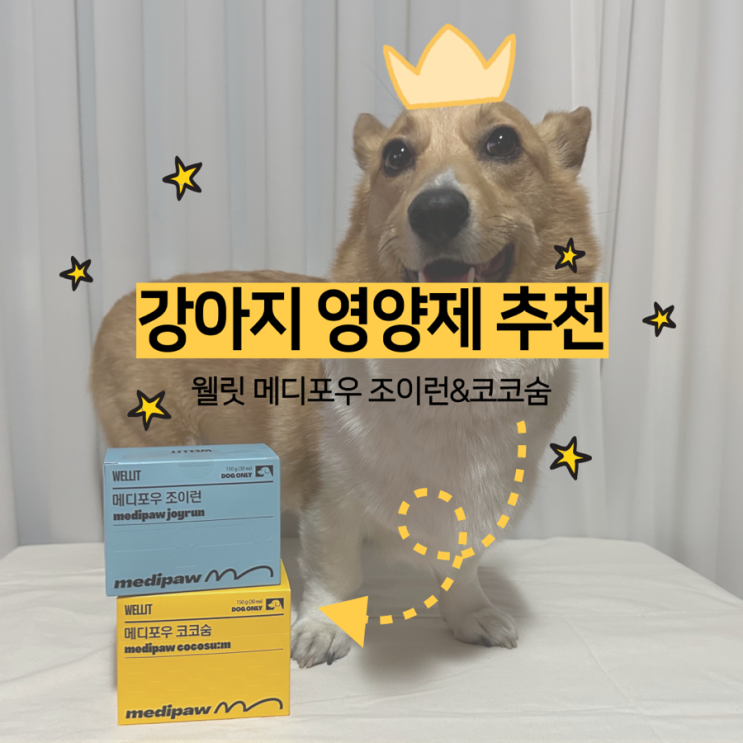 [강아지 영양제 추천]댕댕이들의 고질병 슬개골, 거위 소리에는 웰릿 메디포우 조이런&코코숨 추천!