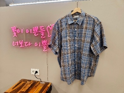 날씨해 보이는 여름셔츠 87-STAN204 레트로 플레이드 오버핏 반팔 체크 셔츠 딥블루 반팔셔츠 추천