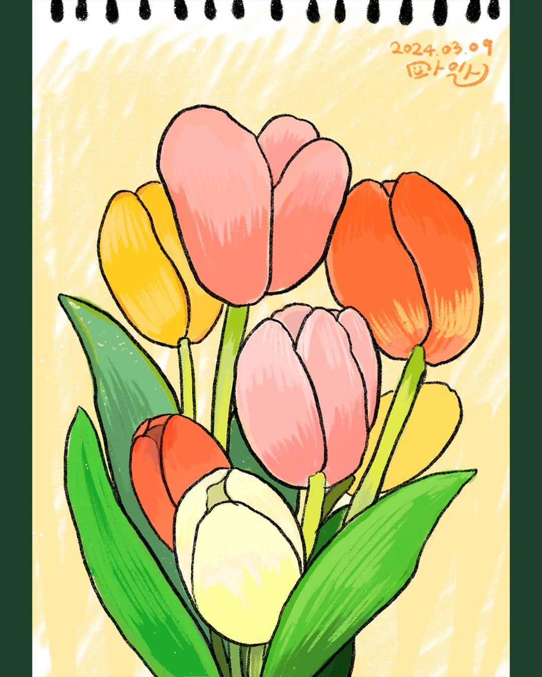다가오는 봄, 꽃집에서 다시 만난 튤립💐

4월 태교 미술 수업 연구작
옷도 조금 가벼워지고 꽃이 가득해지는 4월
색연필 드로잉을 준비하고 있습니다💝

초보도 어렵지 않게, 그림 프린트와 먹지를 드려 쉽게 스케치를 뜨고 컬러링 하실 수 있어요🫶
.
.
.
.
#마일스일러스트 #꽃그림 #태교미술 #문화센터