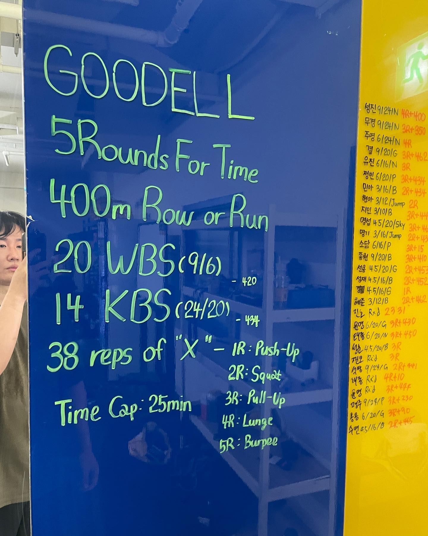 #오운완

[duo👫🏻] - crossfit 5week

Wod
"GOODELL"

5 Rounds for Time
400 meter Row or Run
20 Wall Balls (20/14 lb)
14 Kettlebell Swings (53/35 lb)
38 reps of "X"

Round 1: Push-Ups
Round 2: Air Squats
Round 3: Pull-Ups
Round 4: Lunges
Round 5: Burpees

오늘의 결론, 이제 운동전에 사진찍기📸
크로스핏 끝난 후 내눈은 동태눈🐟
다들 운동 전에 찍으시죠⁉️