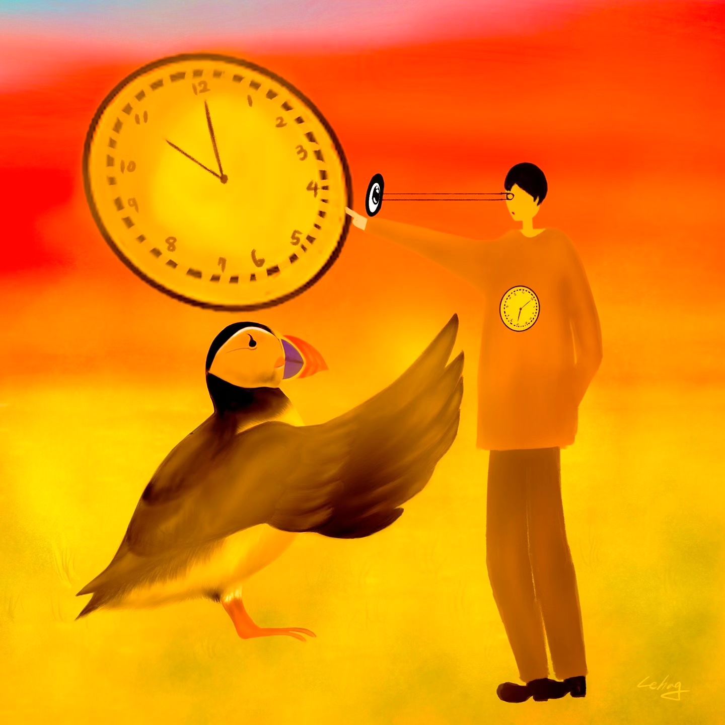 이봐 친구, 당신의 시계가 아니 잖아, Hey it's not your clock
.
세상이 기준 삼은 시계를 보니 눈이 튀어나올 만큼 빨리가는 것 같아요. 조급해지는 마음을 두고 치유의 새, 퍼핀이 말합니다. 이봐 네 시계를 봐. 봄에 피는 꽃이 있고 겨울에 피는 꽃이 있듯, 너의 때가 있는 거라고. 진정하고 네 시계를 봐 

Looking at the clock that the world has set as a standard, I think it's going so fast that my eyes pop out. Puffin, the bird of healing, says, with an impatient mind. Look at your clock, man. Just as there is a flower that blooms in spring and a flower that blooms in winter, there is your time. Calm down. Look at your clock.
