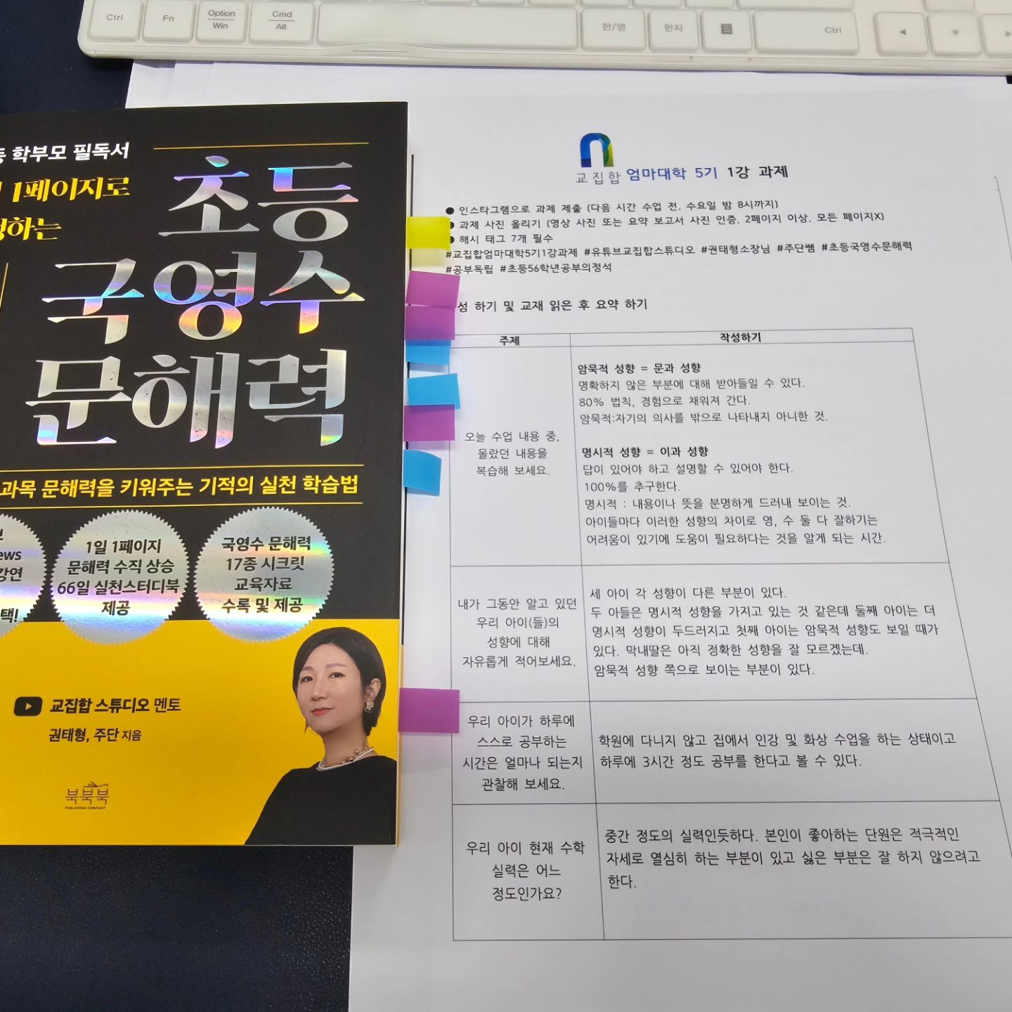 20240424 1강 과제완료.
세아이들 성향 다시금 알게 되는 시간.
수학 학습을 좋아하게 만드는 방법을 
알아가는 1단계.
두오빠와 다른 막내을 위해 노력해보장!!

교집합엄마대학5기1강과제 #교집합스튜디오 #권태형소장님 #주단쌤 #초등국영수문해력 #공부독립 #초등56학년공부의정석