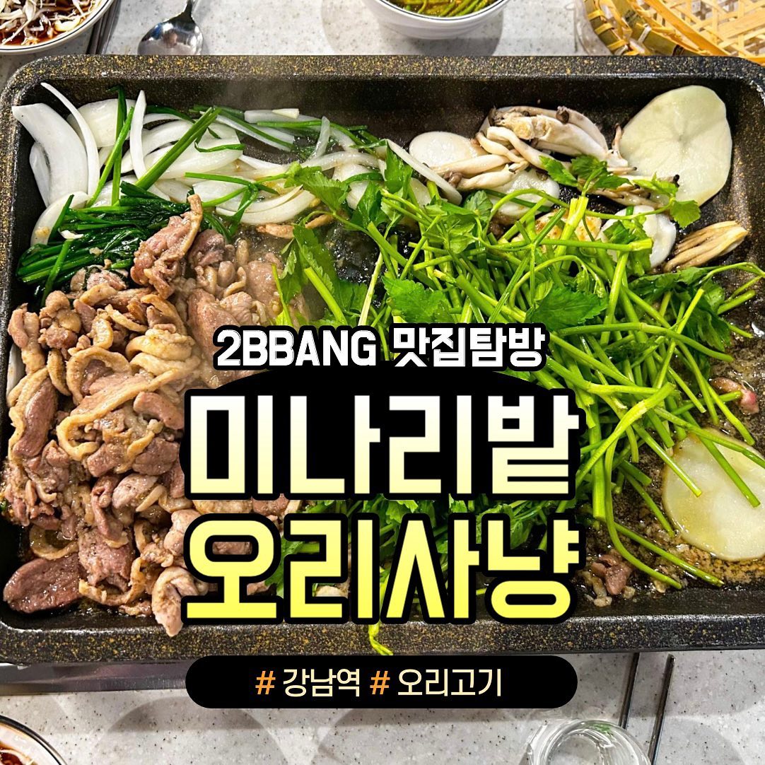 “나랑 오리사냥 하러갈래⁉️”

강남역 12번 출구 도보 4분 거리
"미나리밭 오리사냥"

[ 주문]
✔️생 오리주물럭 600g : 35,000원
✔️오리뼈탕 : 6,000원
✔️공깃밥 : 1,000원

신선한 생 오리로스와 오리주물럭을 합리적인 가격에 먹을 수 있는 곳🍗

유명 해장국집보다 깊은 오리뼈탕의 국물이 낮술을 생각나게 만든다고🔥

다이어트 할때 오리고기는 괜찮잖아~😝

오리기름에 구운 미나리에 오리고기 한입하면👍👍

"내 지갑을 사냥하러 출발!“
📌위치 : 서울 강남구 테헤란로 1길 28-8, 1층
⏰영업 시간 :
매일 11:30 ~ 22:00
브레이크 타임 15:00 ~ 16:30
라스트 오더 21:00
❌휴무 : 없음