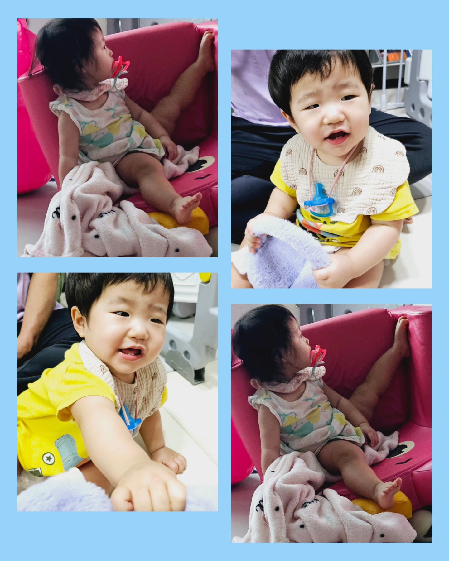 ☆:))첫줄..........🖐
.
.
.
#16개월아기 #남매둥이 #쌍둥이 #16개월발달
.
.
.
16개월의 둥이들은 말이트여가고잇다.
그만큼 말도 안듣기시작햇다.

후둥이인 한방이는
엄마,아빠,맘마,까꿍,뭐야,언니야,앉아!, 네, 이게뭐야, 똥 ,냄새,하삐,함미,
밥, 까까, 냐옹~,아우~ 
간단한단어와 함께, 동물소리따라하는데 재미가들렷고,
매일 까꿍,뭐야 지옥에살고잇다...하루종일 까꿍*99999, 뭐야*99999

선둥이인 로또는
야,앉자, 까까,밥, 엄마,아빠,딩딩딩,  크앙, 어흥정도만 가능하지만~
뭔가 자꾸 새로운걸 시도하고잇다.
내가 잘 못알아들어서 화를 내기도하는데, 발음이 부정확하다ㅋㅋㅋ

우유줄까?하면 박수치고 , ~~할 사람?  하면 네~하면서 손을 들기도한다.
말귀가 트여가고잇긴한거같다.

키랑 몸무게는...병원갈일이 없어서 정확히 재본적이없지만,
키는 확실히컷다. 꺼낼수잇는물건이 많아진거보니...그렇다.

낮잠은 1회, 밤잠은 8시쯤잠들어서 아침까지잔다.
요즘은 꼭 아이주도식으로 식사를 하려고하고, 따로 줘야한다.
국을 따로주진않지만, 밥을 말아서주면 잘먹는다.
반찬을 안주면 싫어한다.

채채는 여전히 고기를 싫어한다.  그나마 떡갈비는 조금 먹고,
생선은 잘 먹는편,
차니는 브로콜리는 싫어한다.  다른 야채는 잘먹는 편,
하지만, 신김치나 동치미는 약간 가리는 편,

깍뚜기도 먹어버려서...음...저염식을 하는 의미가잇나싶기도하지만,
자극적인건 최대한 천천히주려고 노력은하고잇다.

생우유는 시도안해봣지만, 생크림이나 아이스크림을 조금씩먹엇을때 특이사항이없엇기에 별 탈없을것같다.
분유는 끊고 킨더밀쉬 하루 1~2회 수유중.
수유는 여전히 젖병으로 먹는걸 더 좋아해서 그냥 젖병에주고잇다😅

물이나 요구르트는 빨때컵으로먹는데...더 어릴땐 분유도 빨대로먹더니,
갑자기싫다한다..😱 참 알다가도 모르겟다. 

17개월은 또 어떤 새로운 발달사항들이 기다리고잇을지, 기대가된다.

끝