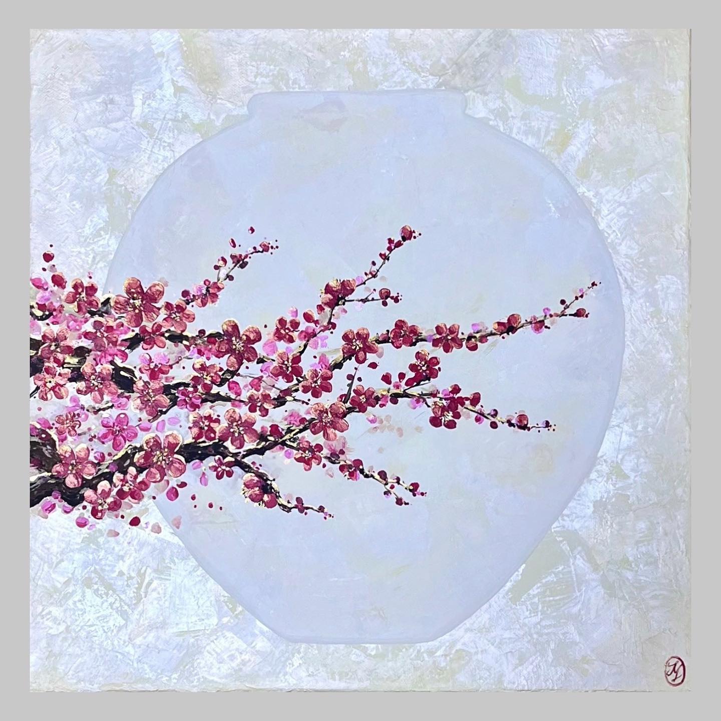 복을 가득 담을 달 항아리와 이른 봄을 제일 먼저 알리는 붉은 빛깔의 매화꽃 그림🌺 새로운 희망과 행복, 고귀한 마음들을 담아보았어요♥️✨