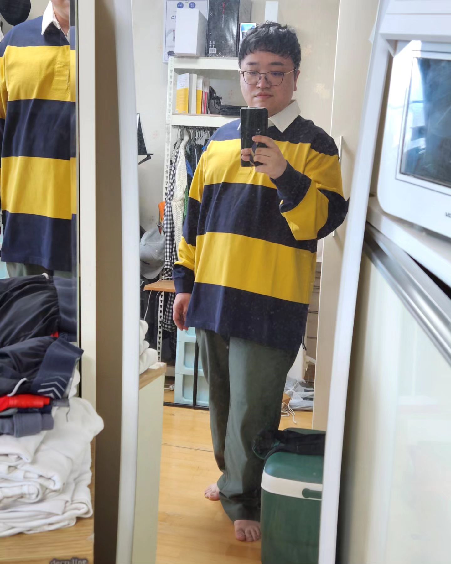 아메카지 스타일
퍼티그팬츠와 인디고 데님에
오버 핏 스프라이트 럭비 셔츠