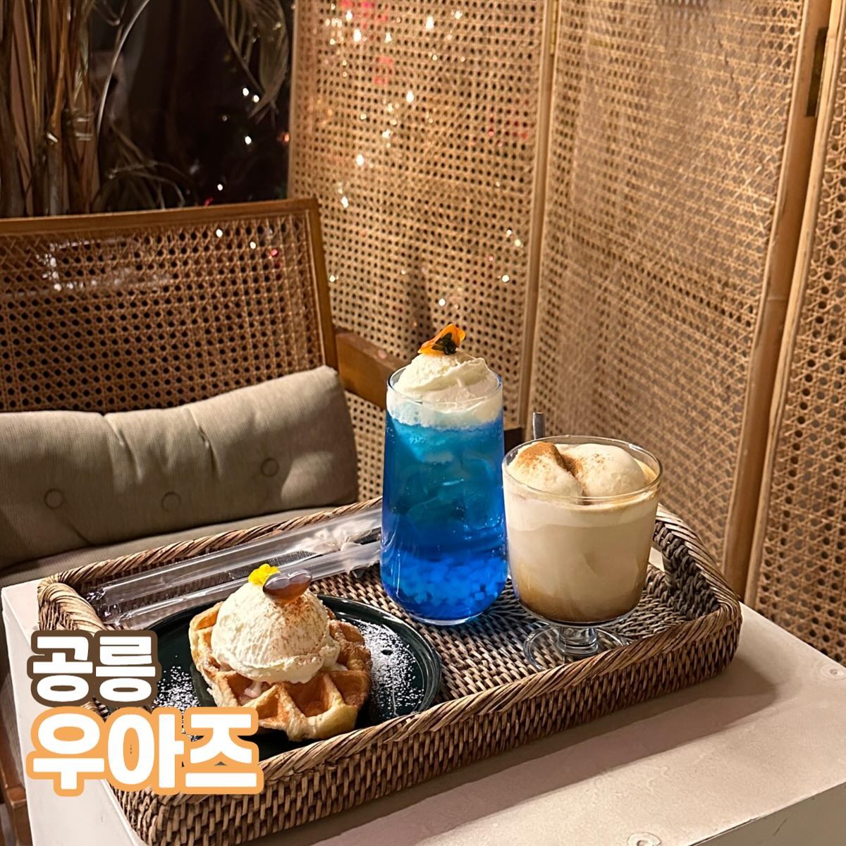 공릉 감성 카페 우아즈
📍주소 : 서울 노원구 공릉로27길 72-3 1층

크림 블루소다 5,500원
썸머라떼 6,000원
아이스크림 크로플 5,500원

공릉 카페는 거의 다 섭렵한 1인,, 이전에 있던 카페를 개조해서 우아즈라는 반려동물 동반 가능한 카페로 새로 태어났어요! 
여기는 이전에도 느꼈지만 정말 주말 낮에 가서 댕댕이와 힐링할 수 있는 최고의 스팟..이라고 감히 말씀 드릴 수 있어요!

저녁에 갔는데도 그 감성은 여전히 느껴졌고, 소품 하나하나가 마치 해외 휴양지에 온 것만 같은 느낌이라 포근하면서도 신났습니다 ㅎㅎ 게다가 메뉴 하나하나가 정말 당충전에 최적화된 메뉴더라구요!!

요즘 반려동물 동반 카페도 많이 없지만, 여기는 그저 같이 있는 것 뿐 아니라 반려동물 전용 간식 (댕댕이간식/멍푸치노)가 따로 있더라구요! 이만큼 댕댕이를 생각하는 곳이 있을까 싶어요,,! 
다음에는 꼭 주말 낮에 들려서 힐링 제대로 하고 가야겠어요 ><
