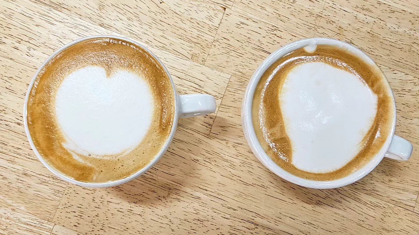 #바리스타 #카푸치노 #라떼아트
내 첫 라떼아트☕️
ㅋㅋㅋ 왼쪽이 샘이 잡아주면서 한 거
오른쪽이 내 혼자 한 거 ㅋㅋㅋㅋㅋㅋ
근데 이제 좀 스티밍 하는 거 감이 잡히네
스티밍이 젤 어려웠음
그래도 마지막 사진 나 혼자 한건데 제법 그림 나온 듯😤
빨리 백조 한마리 그려보고 싶구먼🦢
.
.
#카페라떼 #바리스타2급 #바리스타1급 #카페 #커피 #latteart #caffee #caffeelatte  #cappuccino #에스프레소 #빨리카페차리고싶다