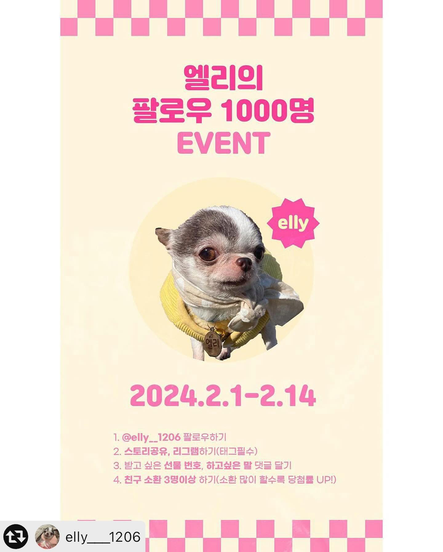 #리그램 - elly___1206 by get_multi_repost
#1000팔로워이벤트
칭구들~ 안뇽🤗 
엘리가 친구들사랑에 팔로워1000명이 넘었어💗
진짜 너무너무 고마워😭 그래서 팔로워이벤트를
시작할께! 처음하는 이벤뚜라 소소하게준비해봤어💗

🎁이벤트선물
1.과즙팡팡 노즈워크 (1명)
2.분식점 노즈워크 (1명)
3.고구마 간식세트 (1명)
4.디저트 간식세트 (1명)

💗기간
2024.2.1~2.14

💗발표
2024 2.15 예정 (당첨된친구 DM전송예정)

🐾당첨된 친구들은 게시물에 엘리 태그해서 후기 부탁해❤

💗참여방법
1.엘리 인스타 (elly__1206 )팔로우하기
2.게시물리그램,스토리공유 하기(태그필수)
3.받고싶은선물번호, 하고싶은말댓글달기
4.친구소환3명이상 (태그많이할수록 당첨률 up up)

❌비공개,리그램용,이벤트용 인스타는 제외
  언팔계정 참여불가

💗💗많은관심부탁해💗💗

참여자가적어도 이벤트진행예정이야❤❤

#강아지 #치와와 #애견 #팔로워이벤트 #멍팔환영 #댕팔맞팔 #맞팔 #겨울 #친구들아고마워 #엘리