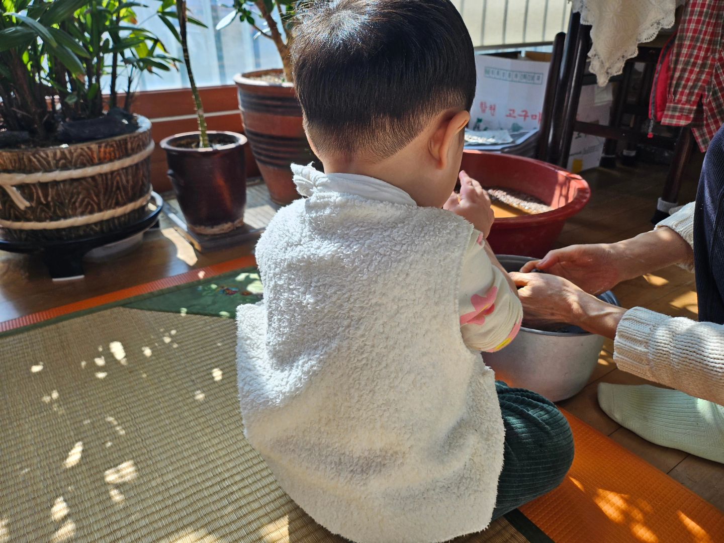 고운 황토가 베란다에?🤩
물 부어줬더니 젖은 흙은 또 싫은...🙂‍↔️
돌도 만지고 할머니가 키우시는 식물도 다 뜯고 
안 된다가 된다가 되는 행복한 공간.......
양말은 여분 없으니까 말리고 가자 🧦