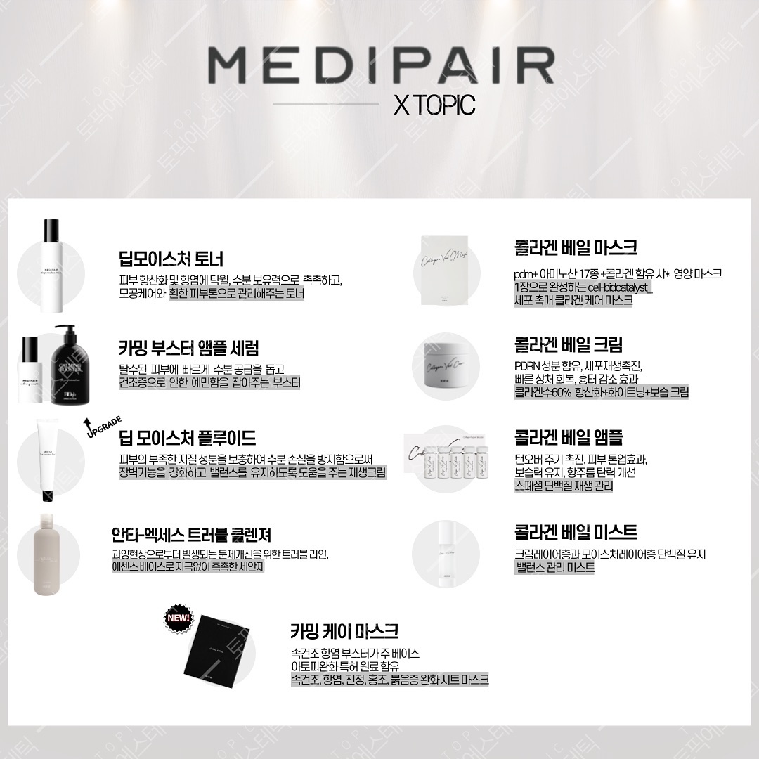 ꧁MEDIPAIR X 𝚃𝙾𝙿𝙸𝙲꧂

‼️메디페어는 공식 인증점에서만 판매가 가능하며, 
토픽피부관리실은 메디페어 공식 인증점입니다

✨프로필 상단 링크-메디페어 전제품 보러가기 클릭
⠀
🖤딥 모이스춰 토너
-200ml
-정제수0% 
-68% 제주 감귤 추출물, 식물성 히알루론산함유
-피부 항산화 및 항염에 탁월, 수분 보유력으로 촉촉하고 모공케어와 환한 피부톤으로 관리해주는 토너 

🖤카밍 부스터
-50ml,300ml
-항염 및 면역반응 조절에 효능을 가진 7가지 식물 추출물 함유
-탈수된 피부에 빠르게 수분공급을 돕고
건조증으로 인한 예민함을 잡아주는 부스터

🖤딥 모이스춰 플루이드
-50ml
-피부의 부족한 지질 성분을 보충하여 수분 손싱을 방지함으로써 장벽 기능을 강화하고 
건강한 밸런스를 유지할수 있도록 도움을 주는 재생크림

🖤콜라겐 베일 마스크(1box-5ea)
-활성성분을 저분자화한 스페셜 마스크
-pdrn+ 아미노산 17종 + 콜라겐 함유 +샤 * 영양 마스크
-1장으로 완성되는 세포 촉매 콜라겐 케어 마스크 

🖤콜라겐 베일 크림(100ml)
-PDRN 성분 함유, 세포재생 촉진
-흉터 감소 효과 , 빠른 상처 회복
-콜라겐수 60% 함유, 항산화+화이트닝+보습 크림

🖤콜라겐 베일 앰플 
-턴오버주기 촉진 피부톤업효과
-항주름탄력개선
-스폐셜 단백질 재생관리 앰플

🖤콜라겐 베일 미스트
-크림레이어층과 모이스처레이어층 단백질 유지
밸런스 관리 미스트

🖤안티 엑세스 트러블 클렌져
-과잉현상으로부터 발생되는 문제 개선을 위한 트러블 라인
에센스 베이스로 자극없이 촉촉한 모든 피부용 세안제

🖤카밍 케이 마스크
-아토피 완화 특허원료가 함유된 속건조, 항염 부스터 주 베이스 마스크
-속건조 항염 진정 홍조 붉음증 완화 시트 마스크 
-비건 시트로 통기성과 밀착성이 좋은 원단 
-속건조 개선을 도와줄 7종 복합 솔루션 

#메디페어 #메디페어토너 #콜라겐베일마스크 #콜라겐베일크림 #카밍부스터앰플 #딥모이스춰플루이드 #도른자크림 #미친놈팩 #메디페어공구 #메디페어딥모이스춰토너 #메디페어콜라겐베일마스크팩 #콜라겐베일앰플 #메디페어콜라겐베일앰플 #메디페어콜라겐베일미스트 #콜라겐베일미스트 #메디페어클렌징 #메디페어안티엑세스트러블클렌져 #메디페어부스터앰플대용량 #메디페어카밍케이마스크 #카밍케이마스크 #메디페어플루이드