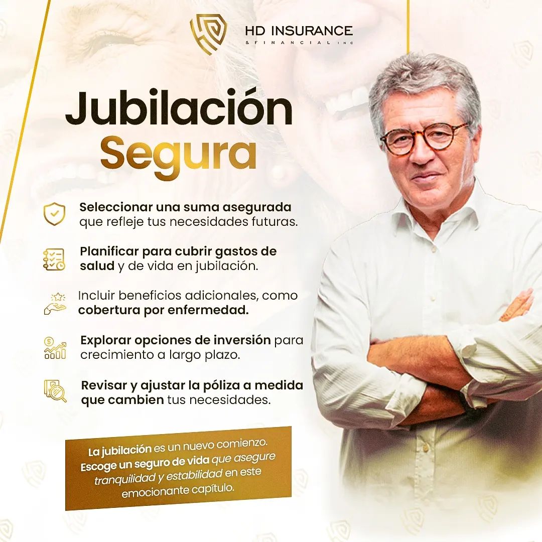 La jubilación es más que el fin de una carrera, es el comienzo de una nueva etapa llena de posibilidades. 

Elegir el seguro de vida correcto juega un papel crucial en la planificación de esta etapa.

Hoy, te presentamos cinco aspectos fundamentales para considerar en tu seguro de vida, pensando en la jubilación. 

Desde seleccionar la suma asegurada correcta hasta actualizar regularmente tu póliza, cada decisión cuenta. Los seguros de vida no solo ofrecen seguridad financiera, sino que también pueden ser herramientas estratégicas para tu jubilación. 

Te invitamos a pensar en cómo cada elección impacta tu futuro y el bienestar en tus años dorados. Con los seguros de vida, aseguras no solo tu tranquilidad sino también la de tus seres queridos. 

Contacto 📲 +1 (786) 203-8194

hdinsuranceinc@gmail.com

#HDInsuranceInc #insurance #seguros #aseguranza #insuranceagents #insuranceagency #agency #JubilaciónSegura #PlanificaciónFinanciera #FuturoTranquilo #SegurosDeVida #ProtecciónFamiliar #InversiónEstratégica #BienestarJubilación #PólizaDeVida #SeguridadFinanciera #ElecciónConsciente