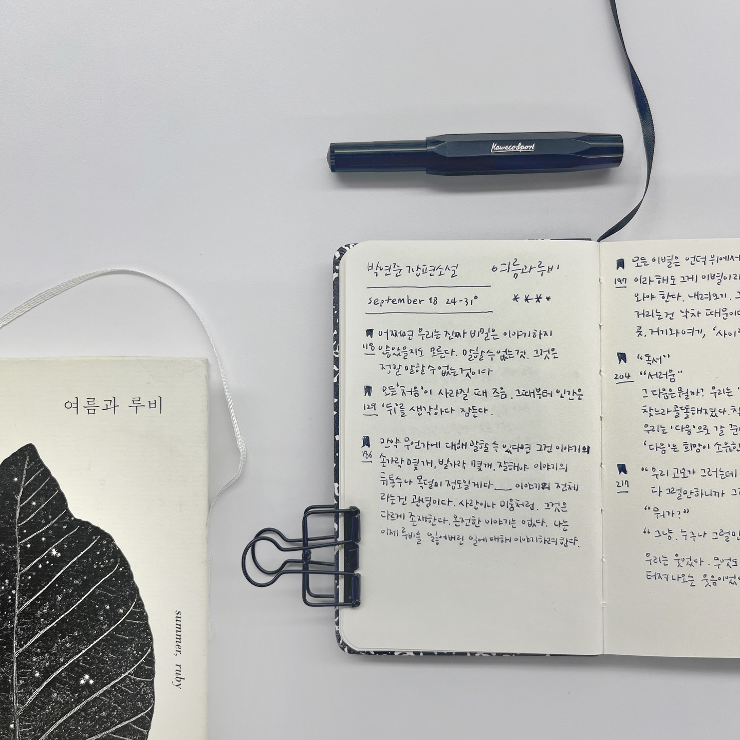 만약 무언가에 대해 말할 수 있다면 그건 이야기의 손가락 몇 개, 발가락 몇 개, 잘해야 이야기의 뒤통수나 목덜미 정도일게다. (중략) 이야기의 전체라는건 관념이다. 사랑이나 미움처럼. 그것은 다르게 존재한다. 온전한 이야기는 없다. 나는 이제 루비를 잃어버린 일에 대해 이야기하려 한다. _ 186

'다음'은 희망이 소유한 단어다._ 204

"우리 고모가 그러는데....... 
다 그럴만 하니까 그런거래"
"뭐가?"
"그냥. 누구나 그럴만해서 그런거래"

우리는 웃었다. 
무엇도 이해하지 못한 채 
터져 나오는 웃음이었다 _ 217

📖 박연준 장편소설 여름과루비

여름이 끝나기 전에 읽고 기록하고
가을에 올리는 지난 필사노트

하이틴영화와 성장소설은 좋아하지만-
그보다 어린 화자가 나와서 처음에는
제대로 집중하지 못했던 책.

그래도 박연준 작가인데... 하며 
결국 읽길 잘했다
기록하길 잘했다

독서노트를 남기면 
그때 이 문장
그때 그 감정들이 고스란히
마치 영화를 다시 볼 때처럼 되풀이된다

책을 읽으면
그때 그 생각
그때 그 일들이 다시 되풀이 되는 것처럼
.
.

#여름과루비#필사#손글씨#만년필글씨#독서노트#여름소설#독서기록#박연준