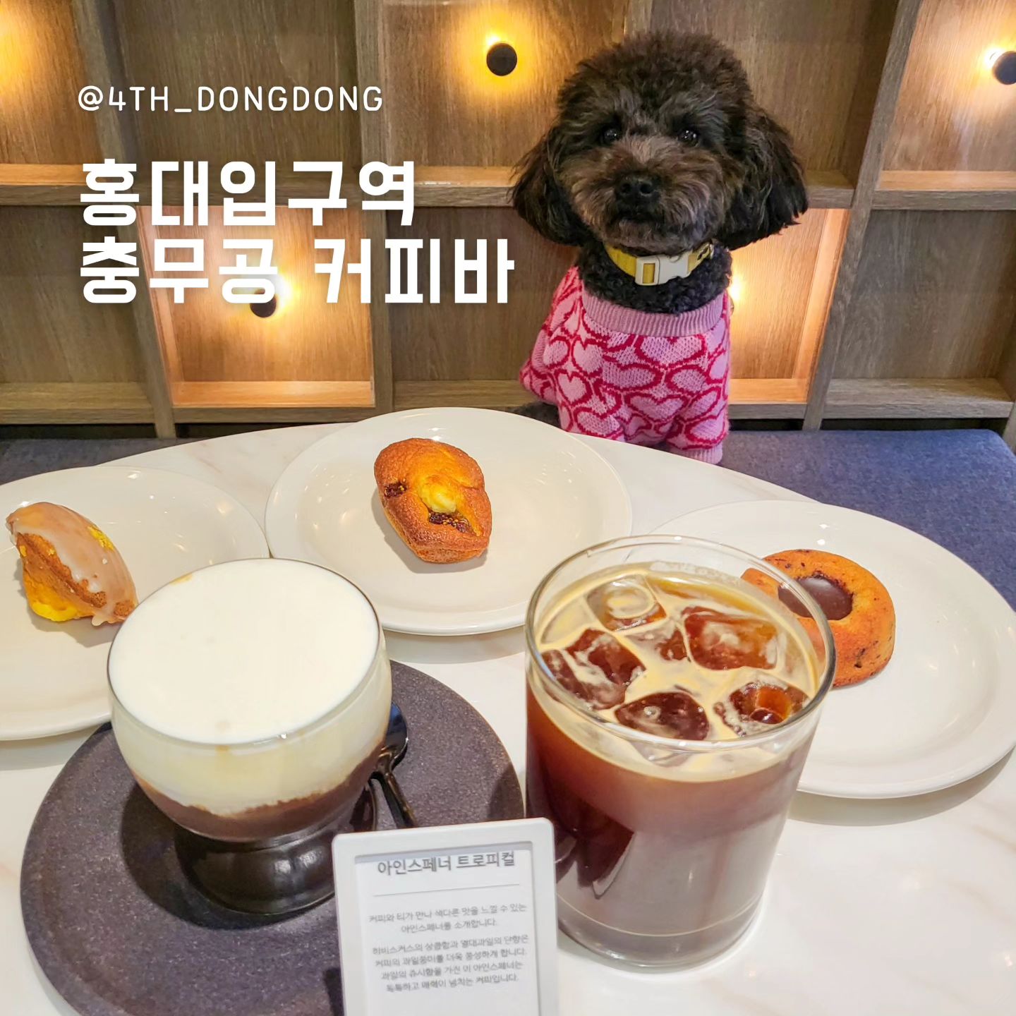 #충무공커피바 cmg_coffee_bar
#홍대카페투어 #홍대카페추천 #홍대애견동반카페

어제 폭풍 💩 싼 이후로 컨디션이 완전 돌아온 우리 동동이랑
홍대 나들이 다녀왔어요 🤭
진짜 너무 대박인 커피바 찾아서
어제의 209,000원 금융치료 사건은 잊혀졌어요! 🤭

🥄한줄평 : 여기 커피는 찐❤️ 커피가 정말X100 맛있는 곳

🔸️대박! 시그니처인 아인스페너!
충무공 커피바의 시그니처인 [아인스페너] ☕️
이걸 드신 울 어머니가 "와~ 여기 커피 너무 맛있다"라며
계속 감탄하면서 드셨어요.
커피와 티가 만나 어디에서도 맛보지 못한
충무공 커피바만의 특별한 메뉴 😚
히비스커스의 새콤달콤한 맛과 향이 커피와 어우러져 🤤
울 엄마가 지금까지 마신 아인스페너 중 최고라고 하셨어요.

🔸️다양한 원두 준비
커피바 답게 다양한 원두가 준비되어 있어요.
저는 산미가 있는 원두를 선택해서 마셨는데, 내 입맛에 딱 👍
산미 있는 커피 중 가장 제 입에 맞는 커피었어요.

🔸️분위기 좋은 카페
사람이 너무 많아서 전경은 찍지 못했는데, 여기 분위기 대박 😀
원목 특유의 따뜻함과 중간중간 포인트로 있는 거북선(?)까지
❤️정말 마음에 들었던 곳❤️

🍽충무공 커피바 
📍서울시 마포구 동교로 181-6
⏰️월,수,목,금 8:00~21:00 / 토,일 10:00~21:00 / 
화 10:00~18:30
📝반려견 동반 가능, 원두 선택 가능, 원두 구매 가능

#연남동애견동반카페 #연남동카페추천 #홍대데이트코스추천 #홍대커피맛집 #마포구애견동반 #홍대커피바 #홍대입구역카페 #티그레맛집 #홍대마들렌 #홍대분위기좋은카페 #홍대예쁜카페 #홍대카페가볼만한곳 #홍대애견동반술집 #홍대애견동반